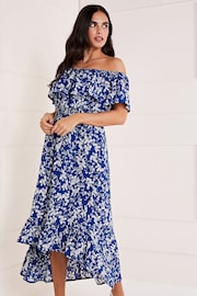 Mela Blue Ditsy Print Bardot Dipped Hem Dress - Image 3 of 4