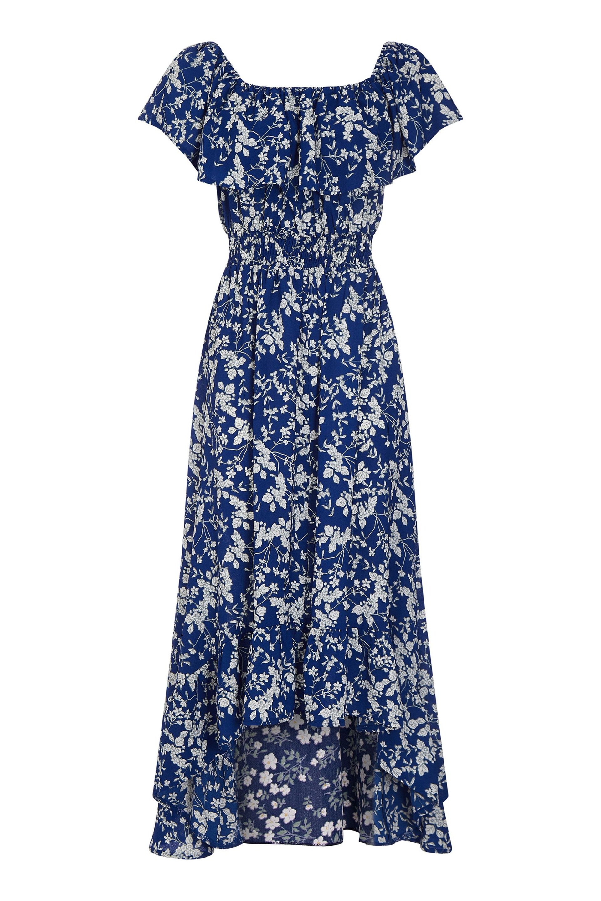 Mela Blue Ditsy Print Bardot Dipped Hem Dress - Image 4 of 4