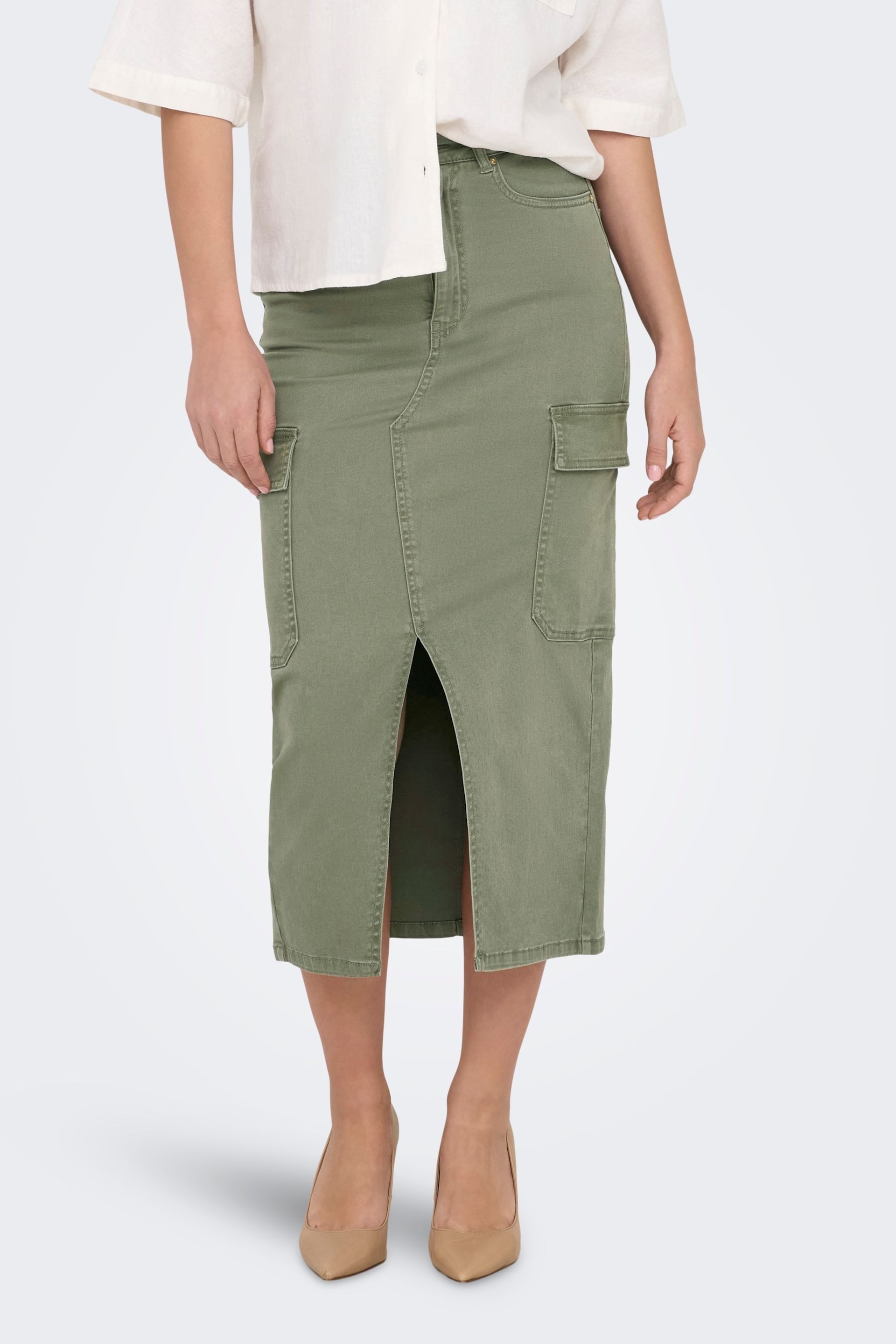 ONLY Green Utility Midi Skirt With Front Split - Image 2 of 8