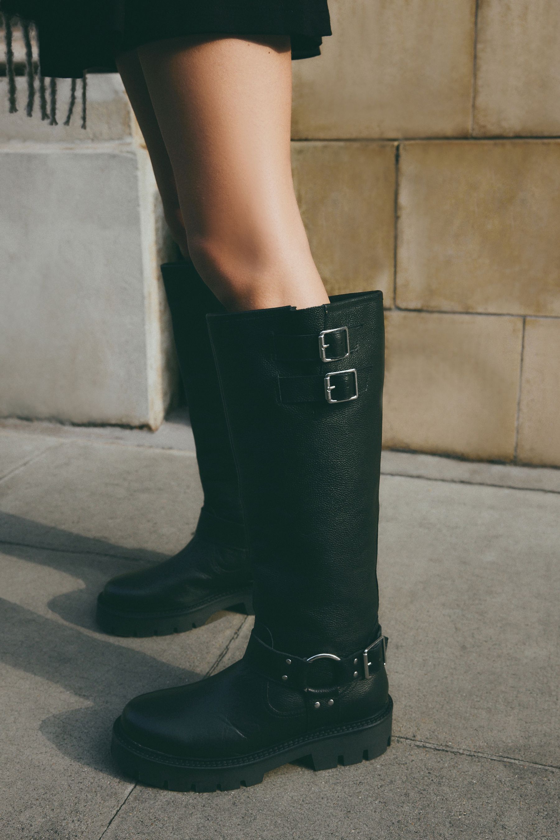 Black Leather Forever Comfort Knee High Double Buckle Biker Boots