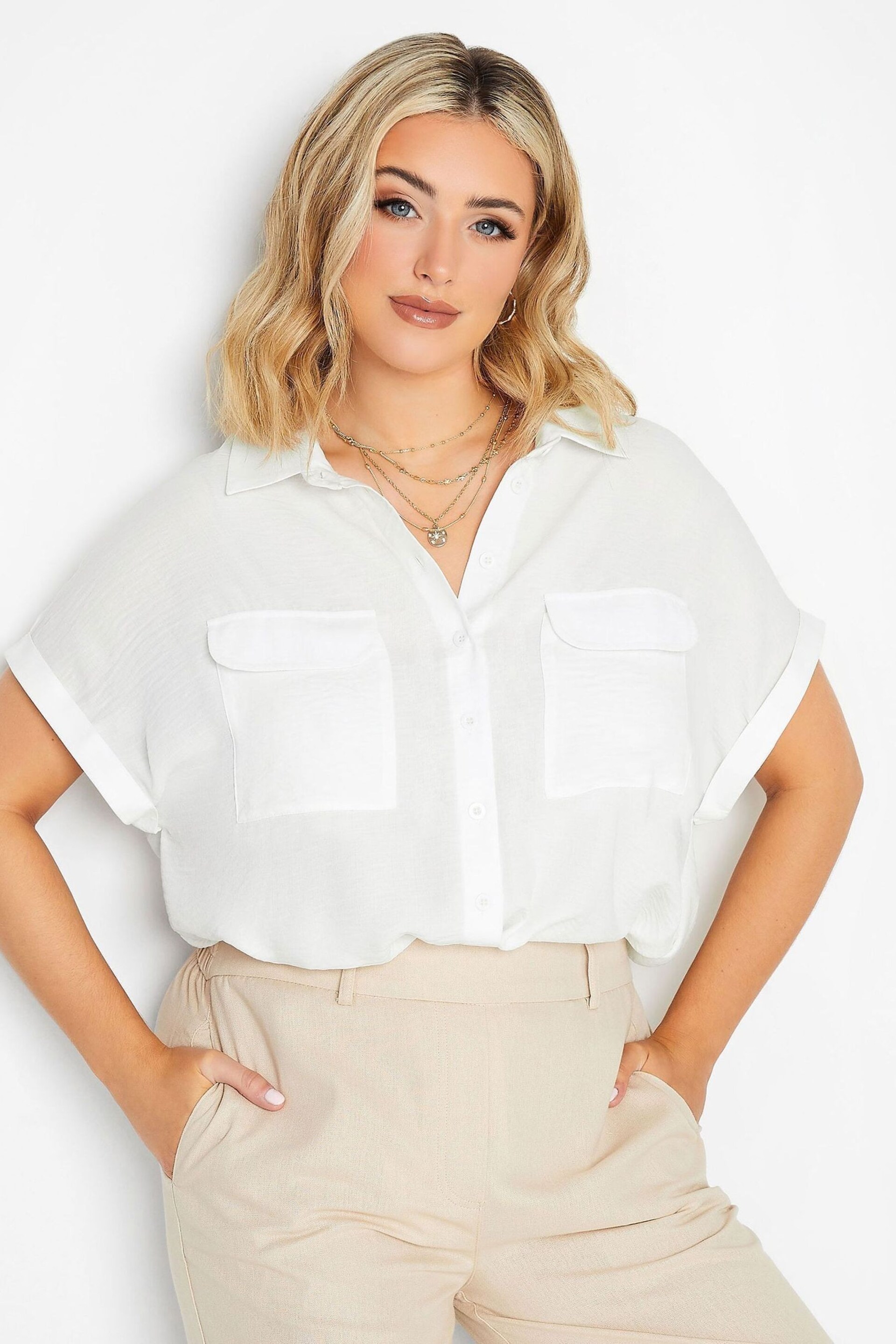 Yours Curve White Short Sleeve Utility Shirt - Image 1 of 4