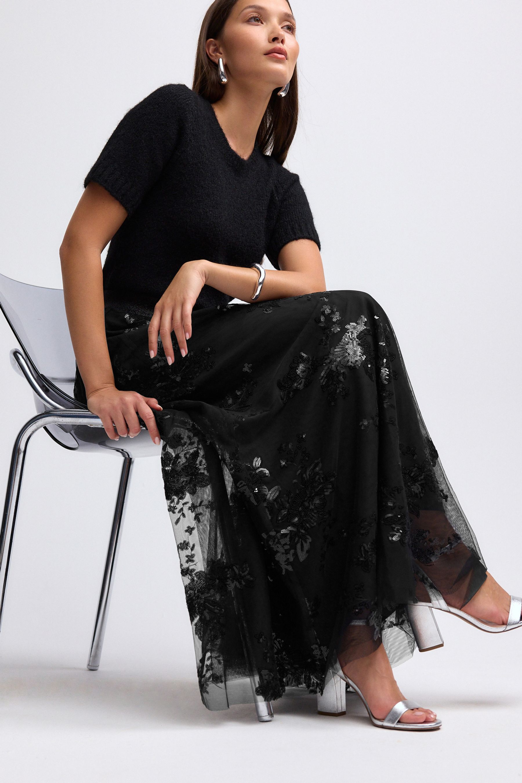 Long black sequin maxi skirt cheap