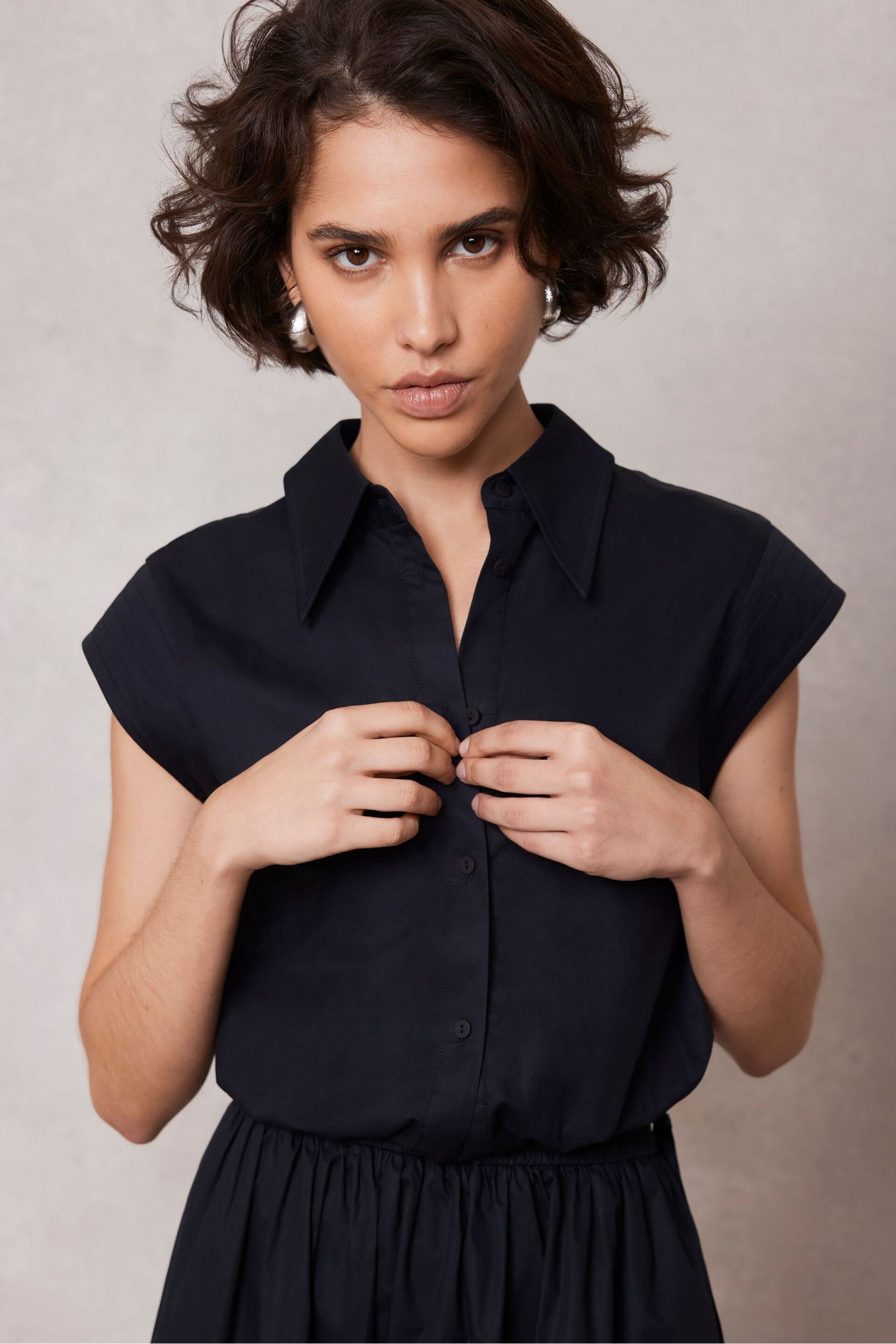 Mint Velvet Blue Navy Cotton Cropped Shirt - Image 1 of 4
