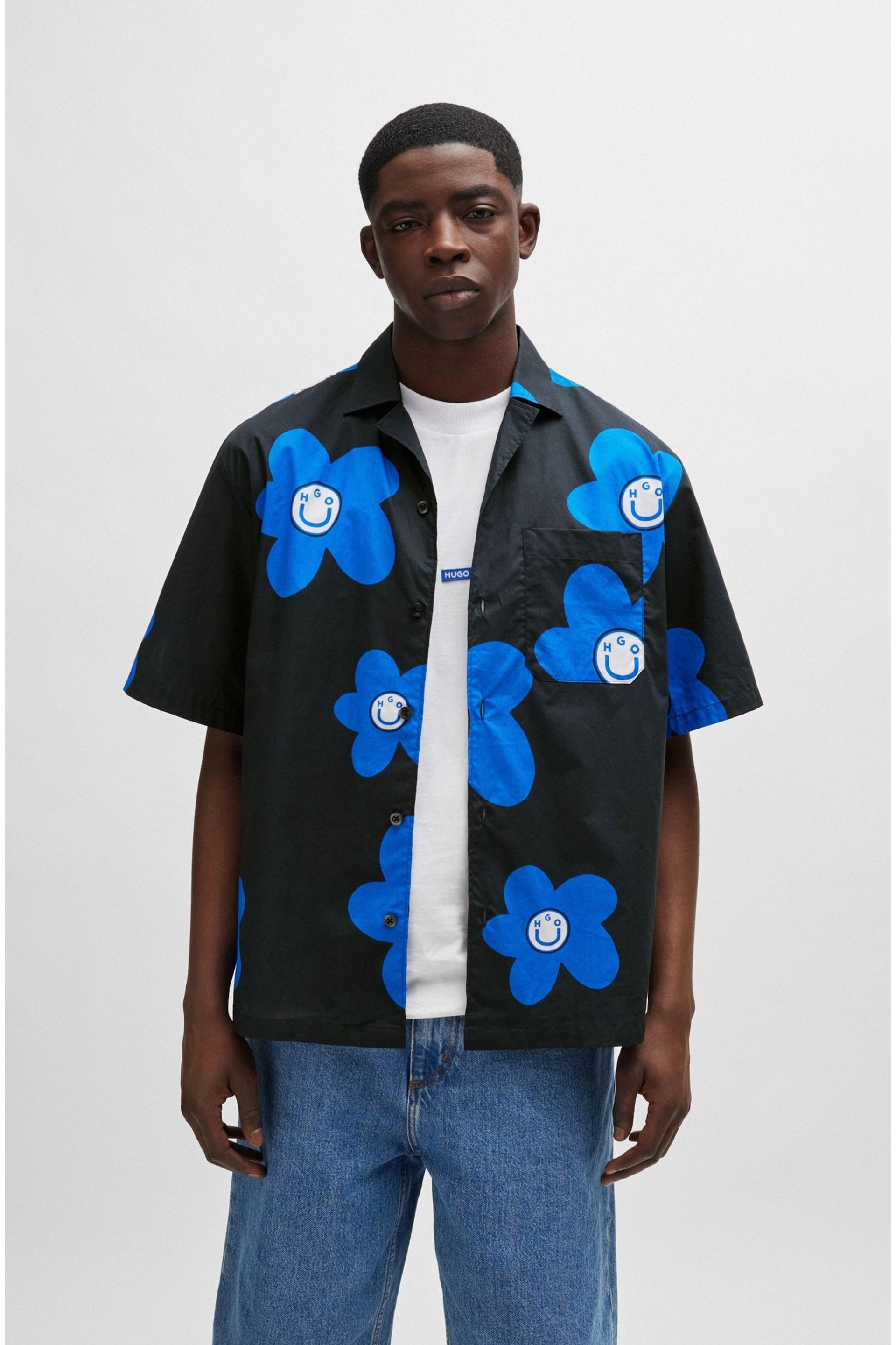 HUGO Blue Oversize Floral Graphic Print Shirt - Image 1 of 6