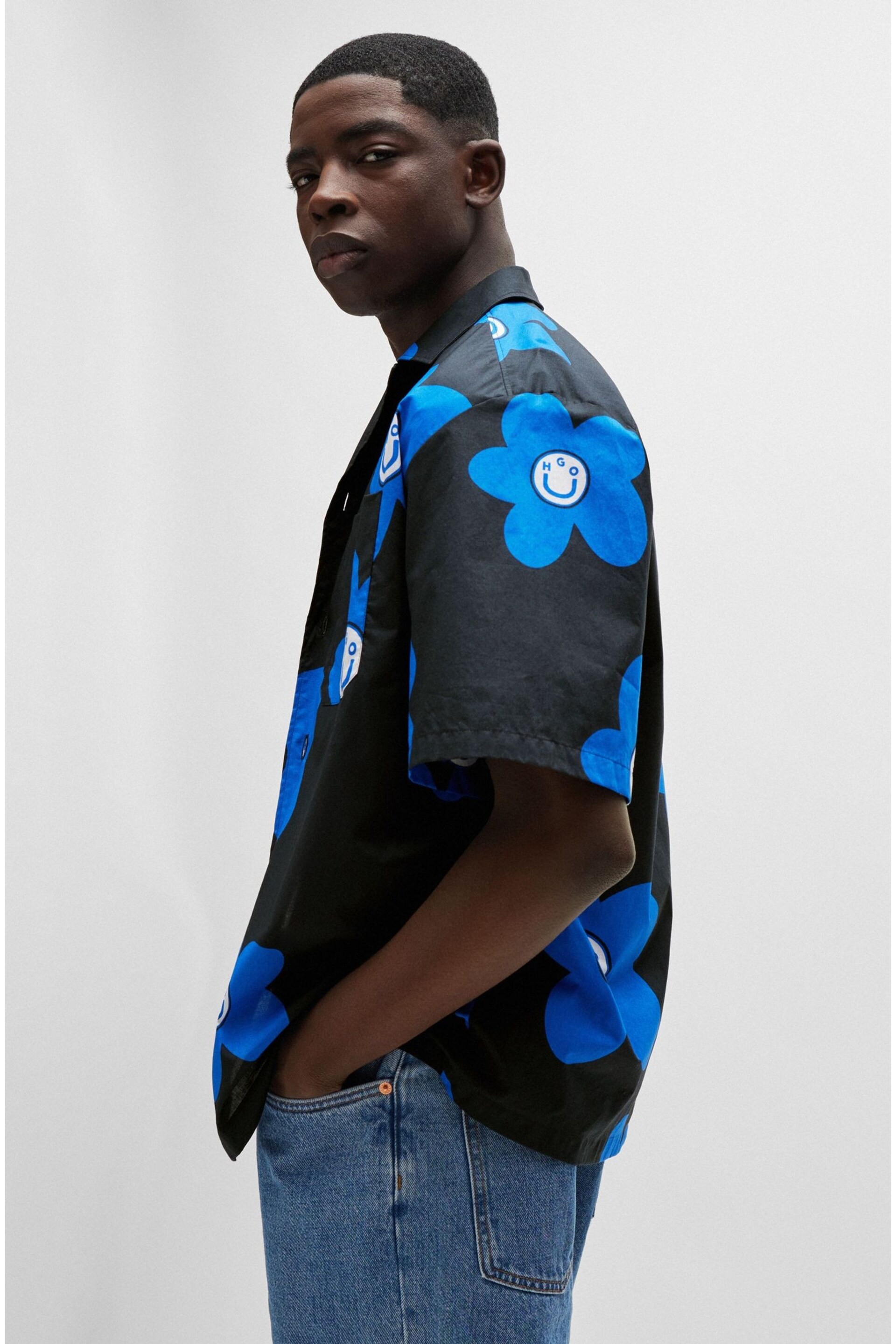 HUGO Blue Oversize Floral Graphic Print Shirt - Image 5 of 6