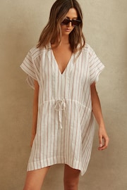 Reiss Cream/Brown Romy Linen-Cotton Striped Kaftan - Image 1 of 4