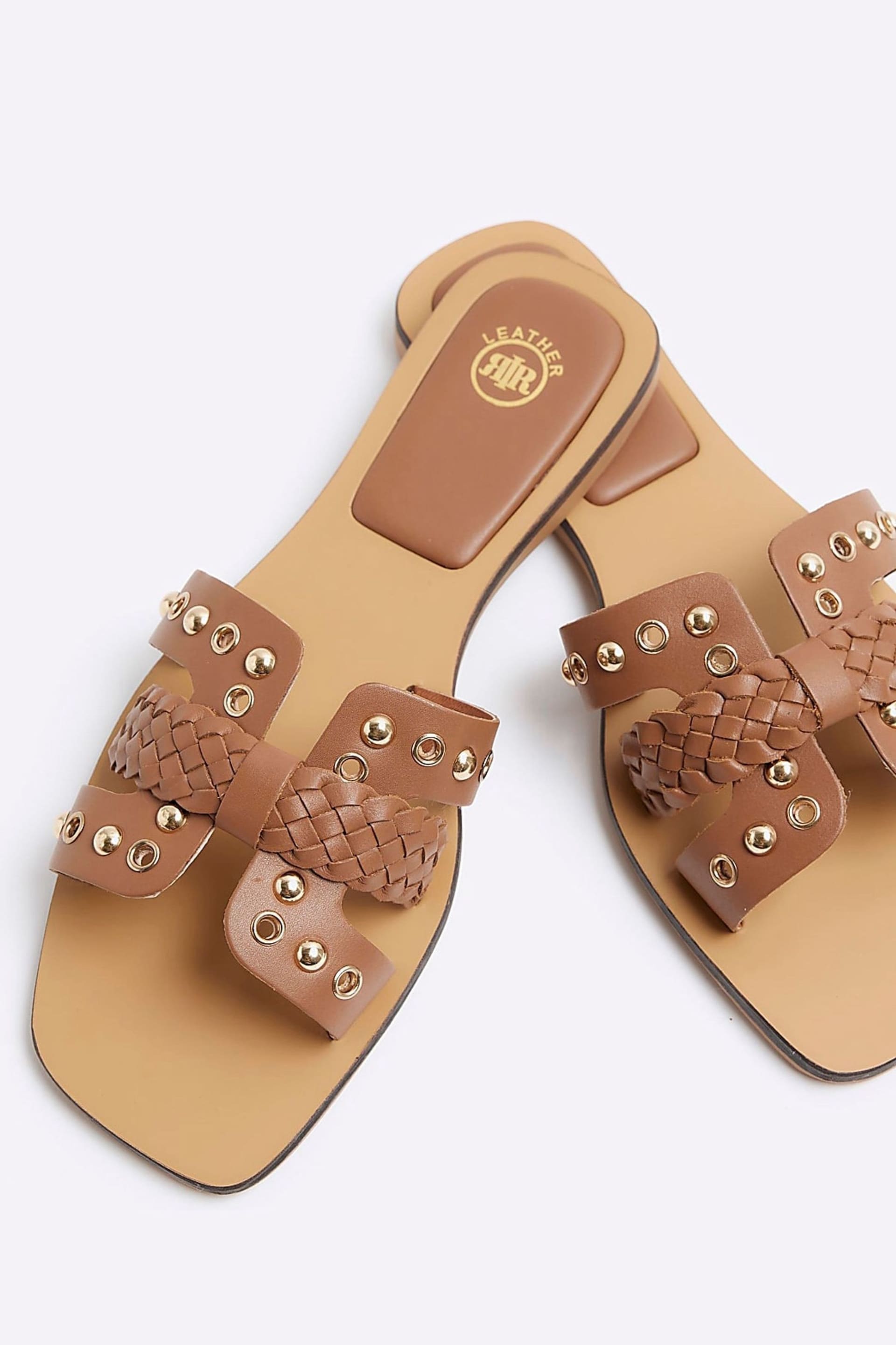 River Island Brown Leather Studded Flat Sandals - Image 4 of 6