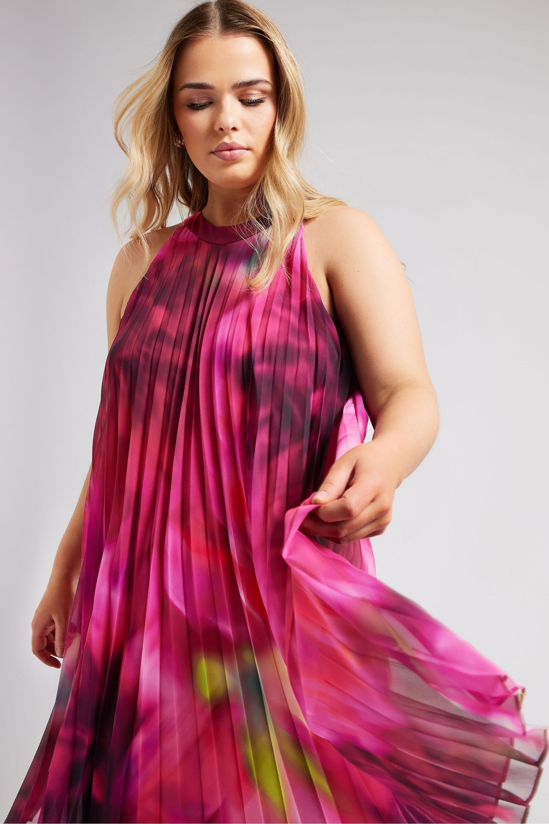 Yours Curve Pink Tropical Print Halter Neck Dress - Image 1 of 5