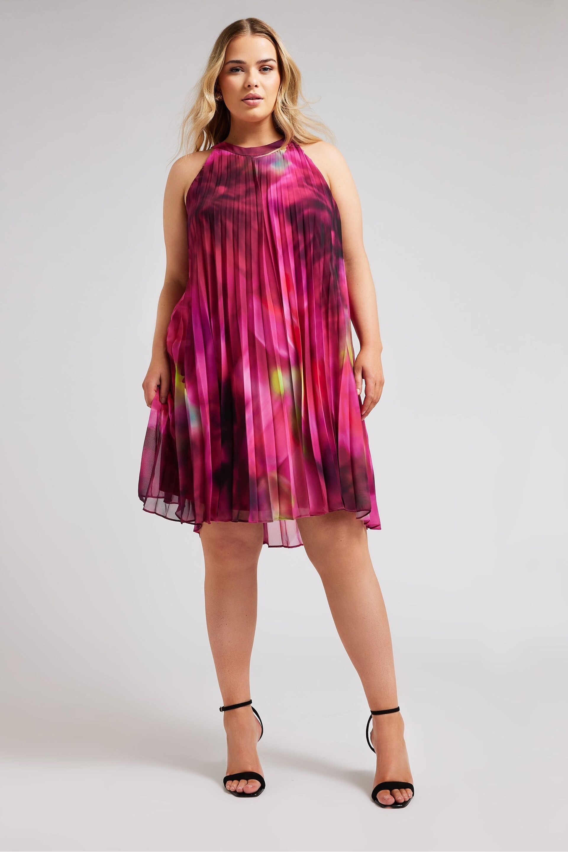 Yours Curve Pink Tropical Print Halter Neck Dress - Image 2 of 5