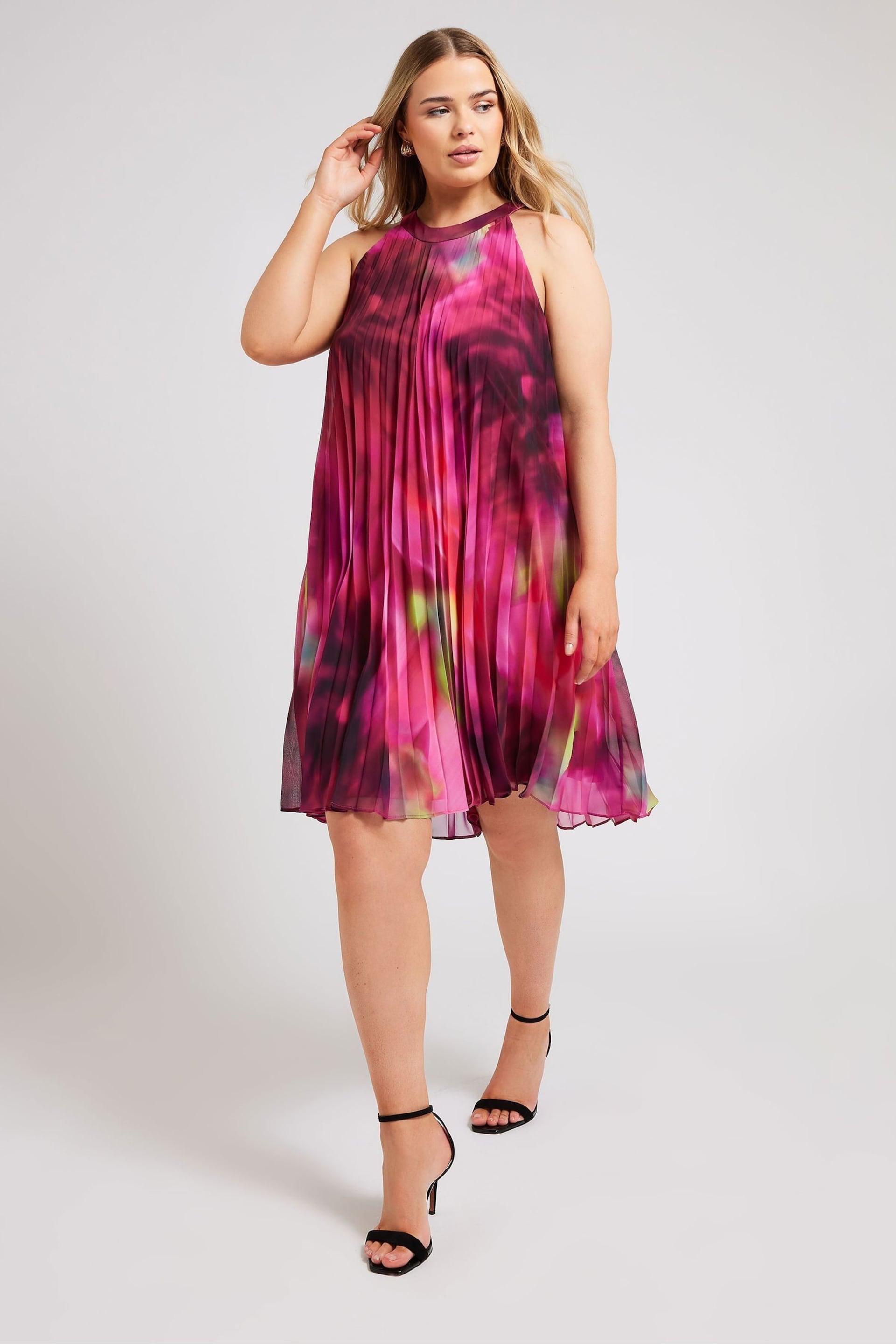 Yours Curve Pink Tropical Print Halter Neck Dress - Image 3 of 5