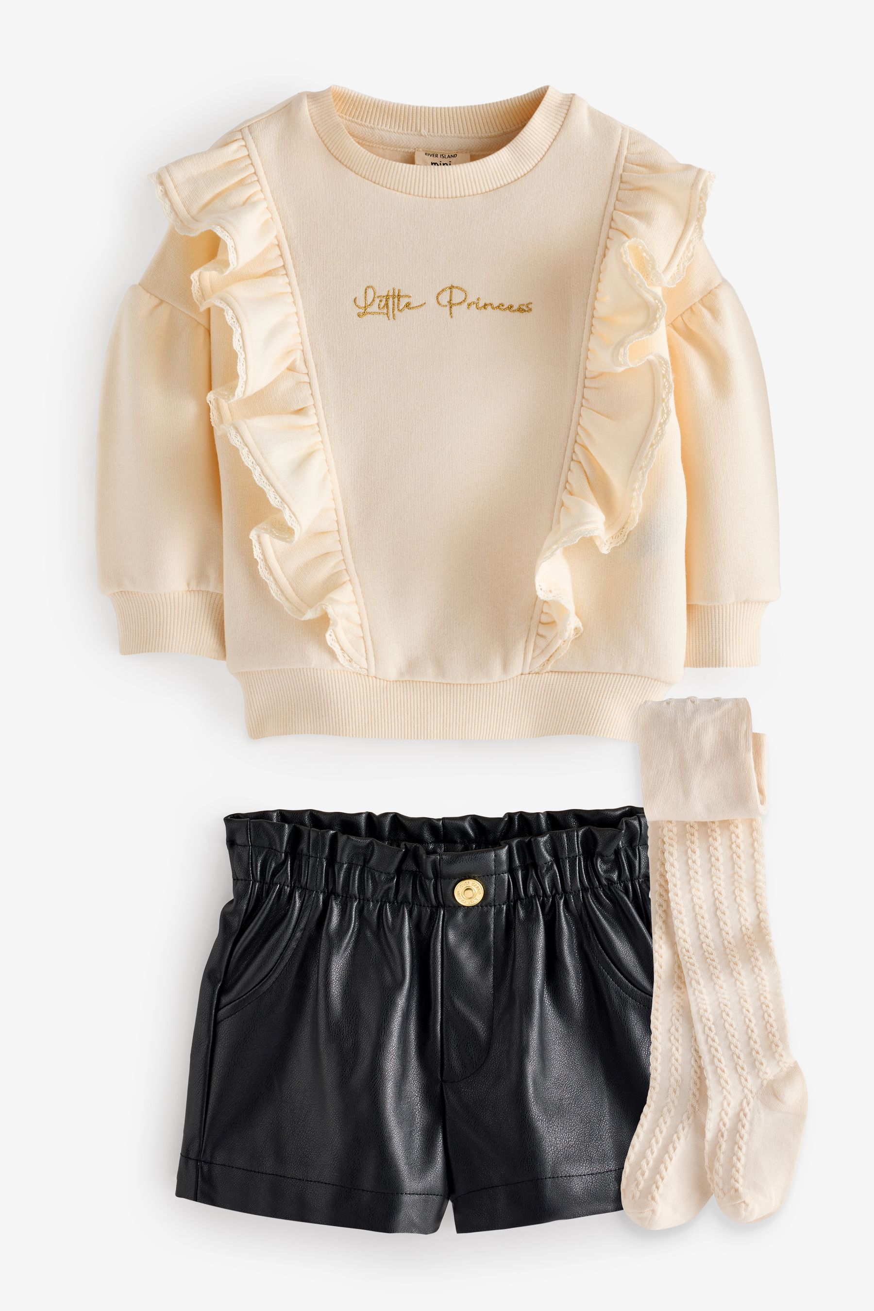 Buy River Island Cream Girls 100 Cotton Frill Sweat and Faux Fur Leather Shorts Set from Next Luxembourg
