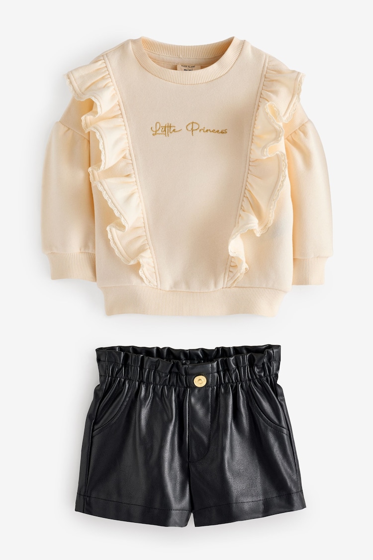 River Island Cream Girls Frill Sweat and Faux Leather Shorts Set - Image 2 of 3