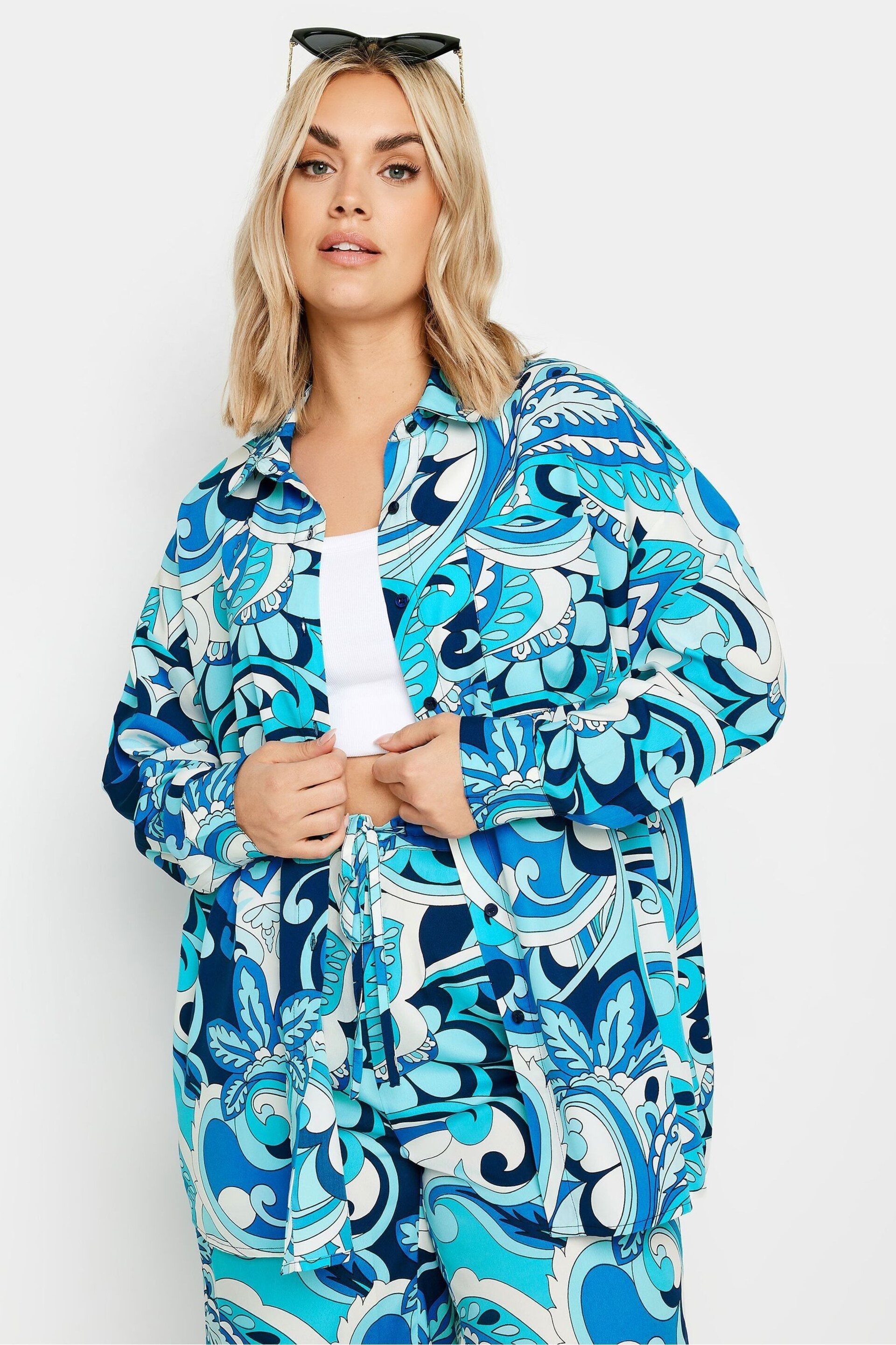 Yours Curve Blue Limited Collection Abstract Print Boyfriend Shirt - Image 3 of 6