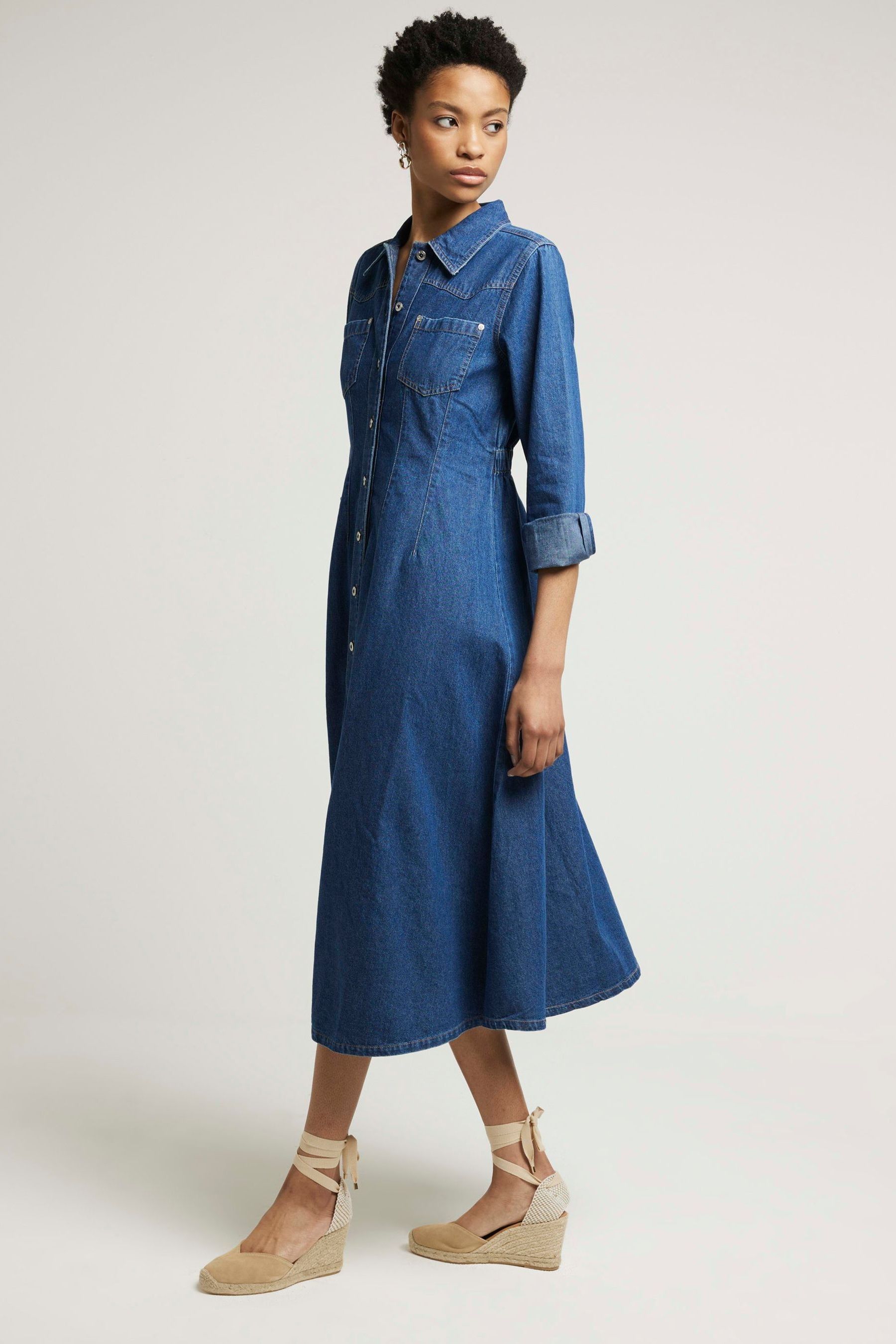 Buy River Island Blue Denim Fitted Midi Shirt Dress from Next Luxembourg