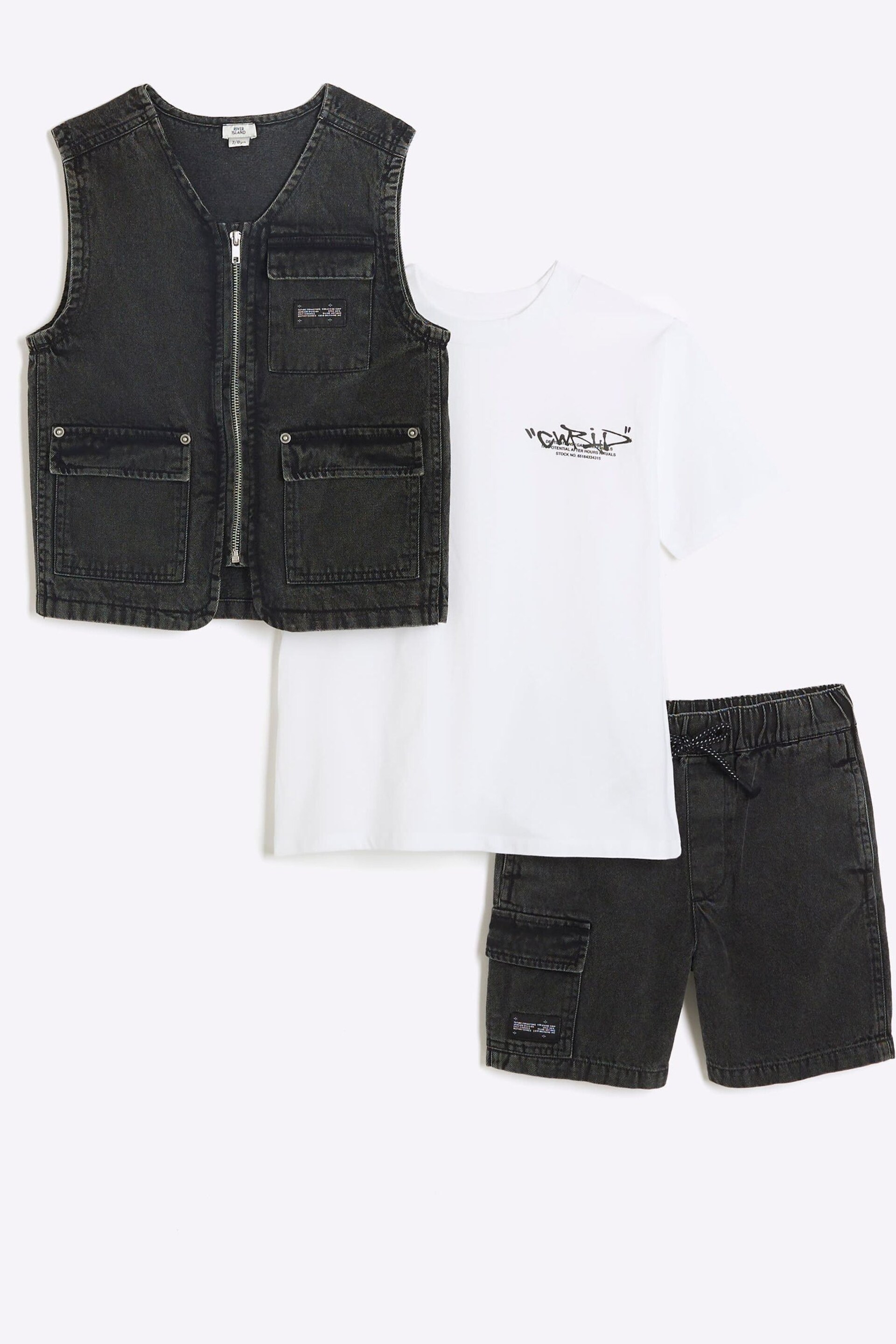 River Island Grey Boys Denim Gilet 3 Piece Set - Image 1 of 4