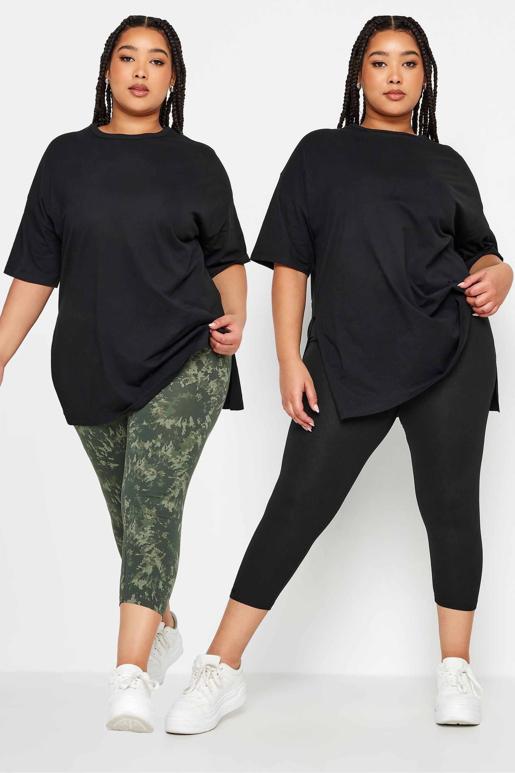Buy Yours Curve Green 2 PACK Black White Ditsy Floral Print Cropped Leggings from the Next UK online shop