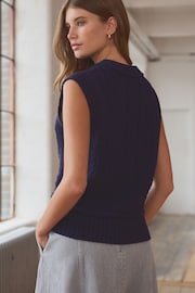 Blue Navy 100% Lambswool Premium Sleeveless Cable Knitted Jumper Tank Vest Top - Image 3 of 7