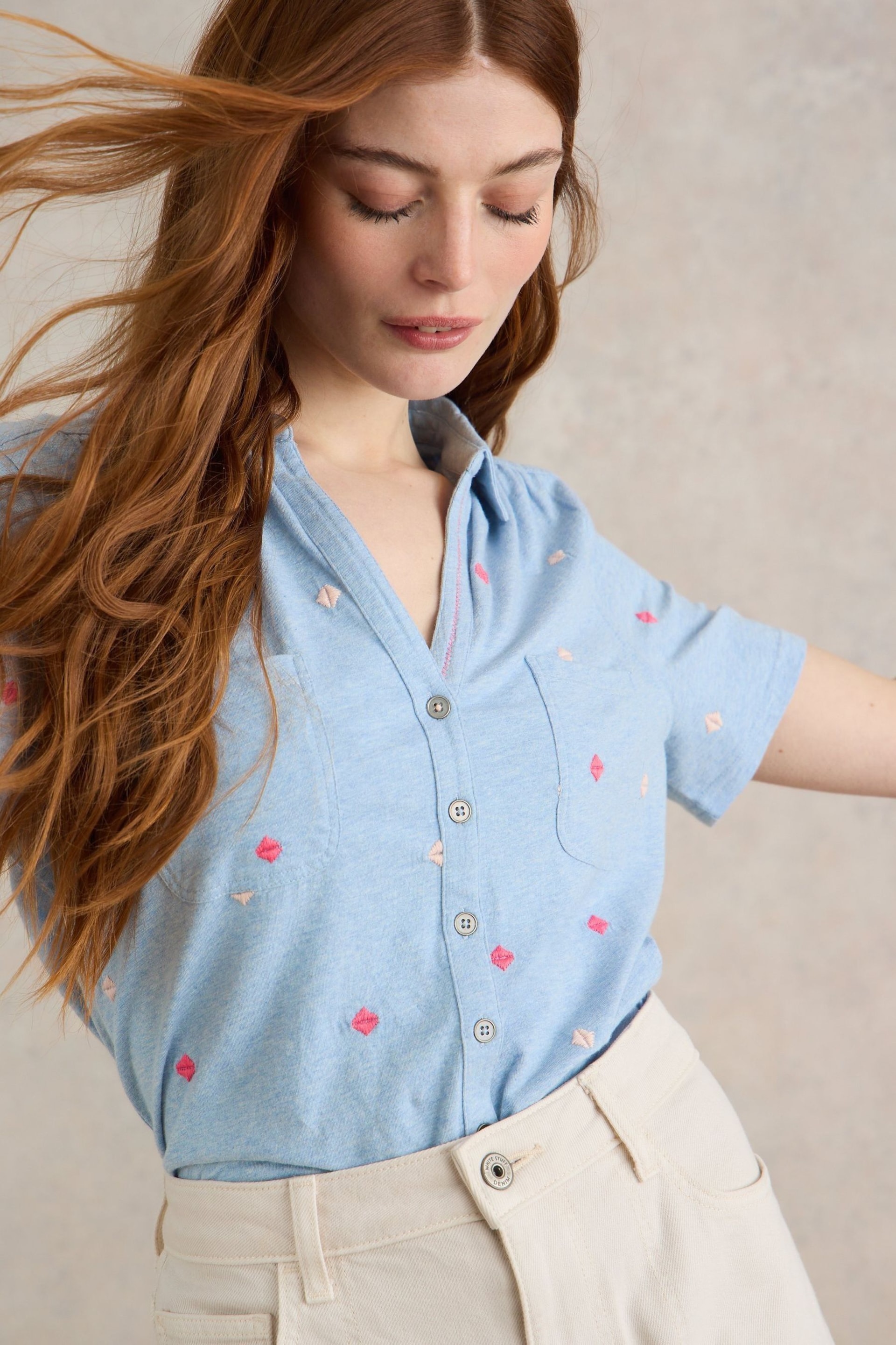 White Stuff Blue Penny Pocket Embroidered Shirt - Image 1 of 7