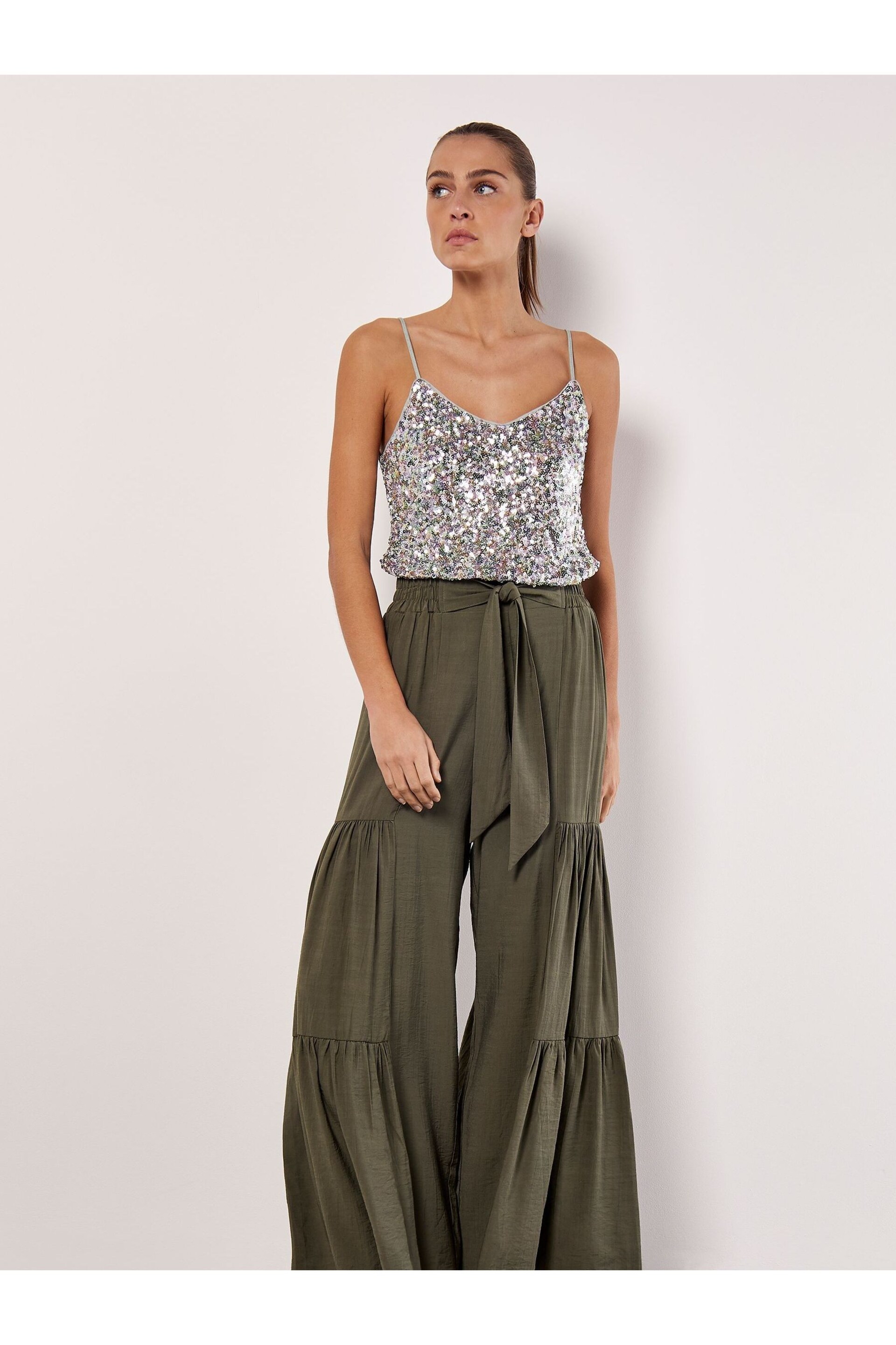 Apricot Green Tiered Wide-Leg Woven Trousers - Image 1 of 4