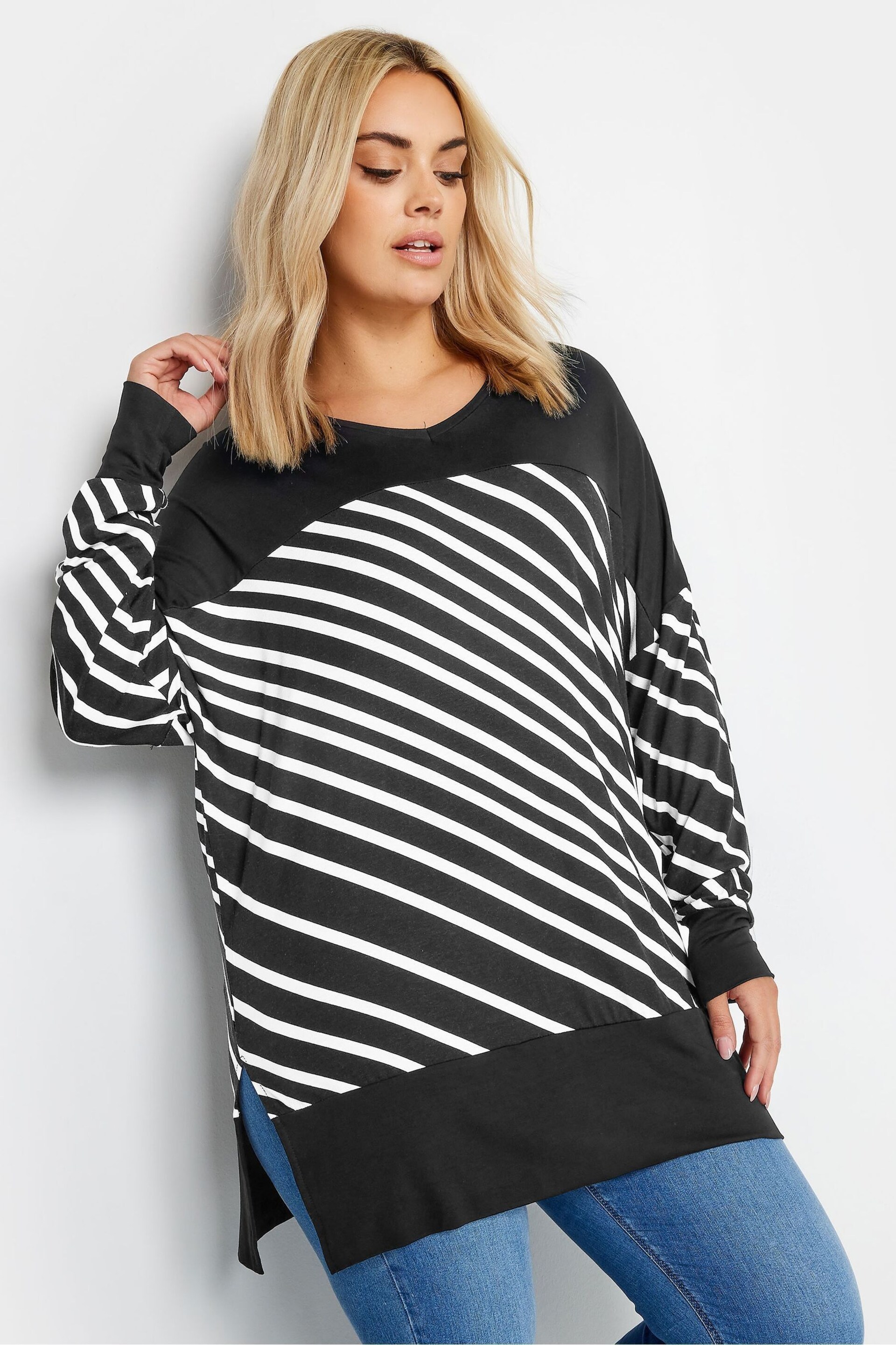 Yours Curve Black Striped Print Top - Image 1 of 4