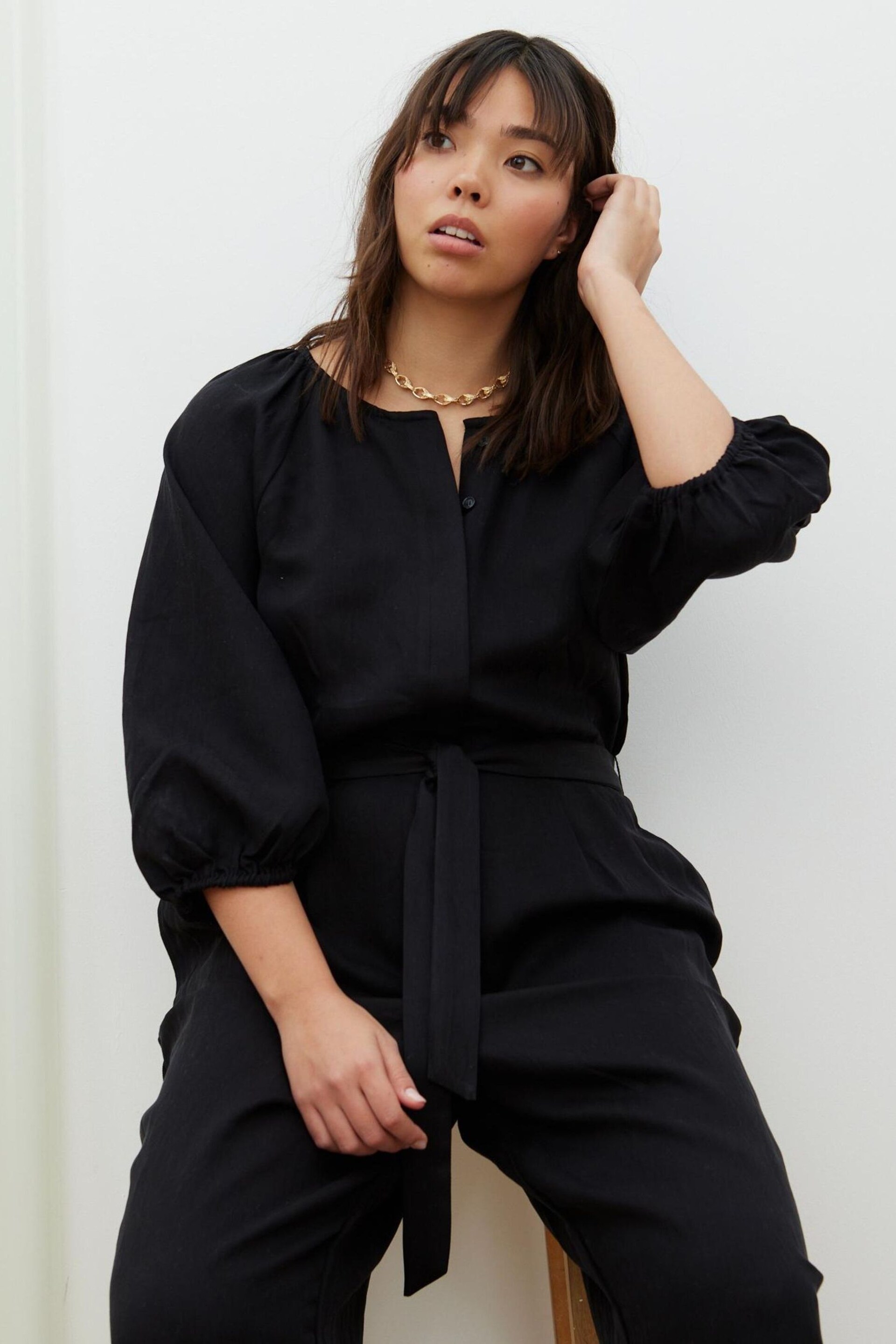 Oliver Bonas Black Collarless Wide Leg Jumpsuit - Image 1 of 9