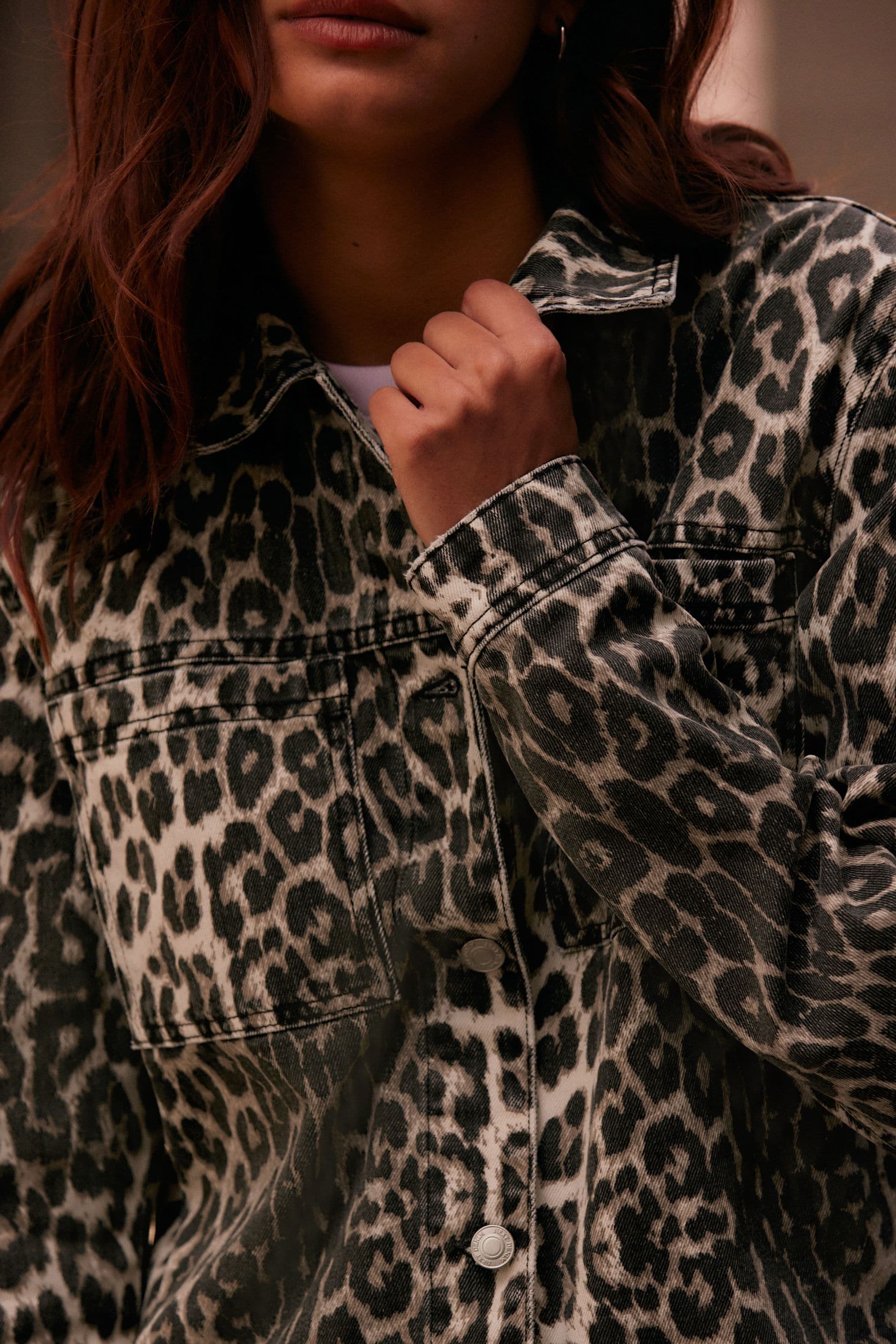 Leopard Print 100 Cotton Boxy Denim Jacket
