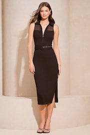 Lipsy Black Petite Sleeveless Hybrid Mesh Belted Midi Shirt Dress - Image 1 of 4