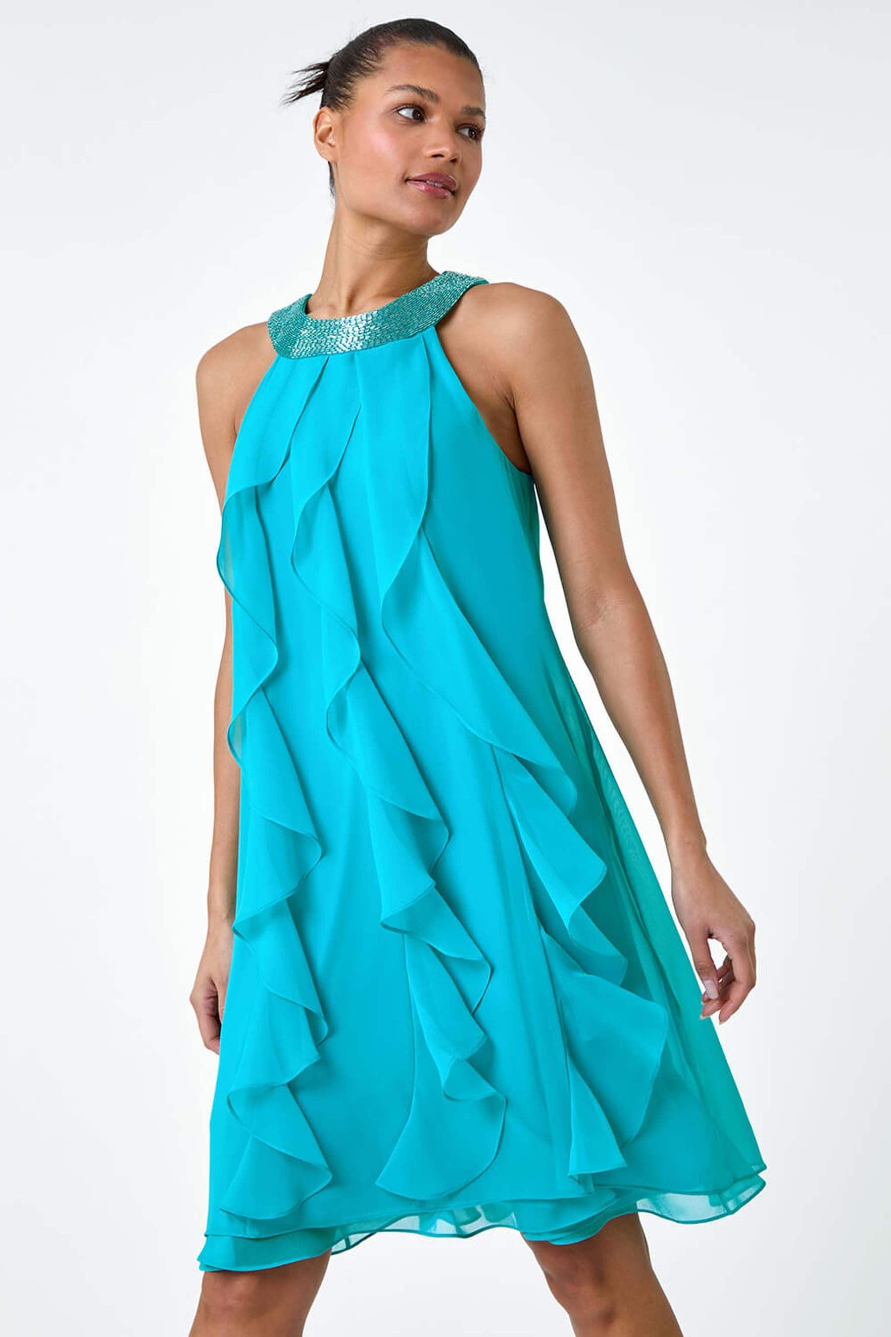 Buy Roman Blue Embellished Collar Frilled Chiffon Dress from the Next UK online shop