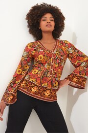 Joe Browns Orange Retro Floral Flared Sleeve Blouse - Image 4 of 6