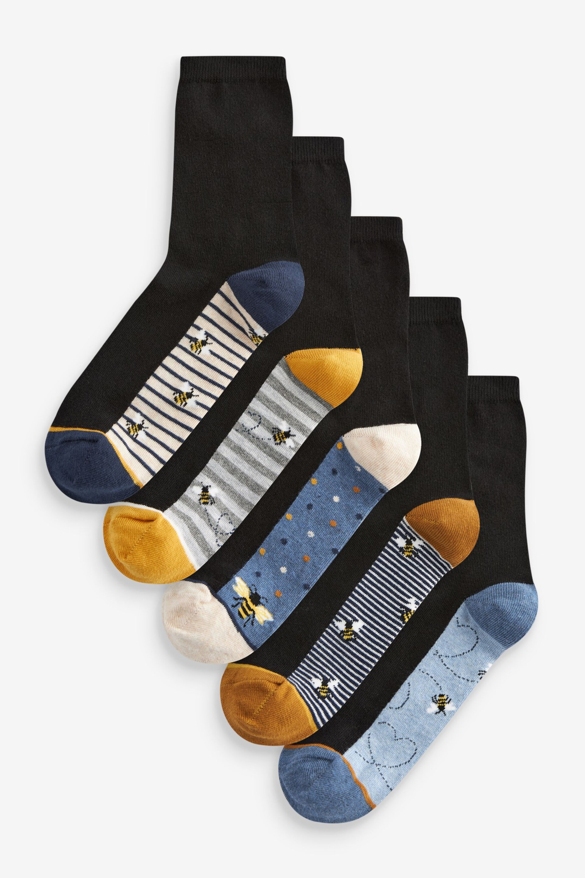 Blue/Ochre Bee Footbed Ankle Socks 5 Pack - Image 1 of 6