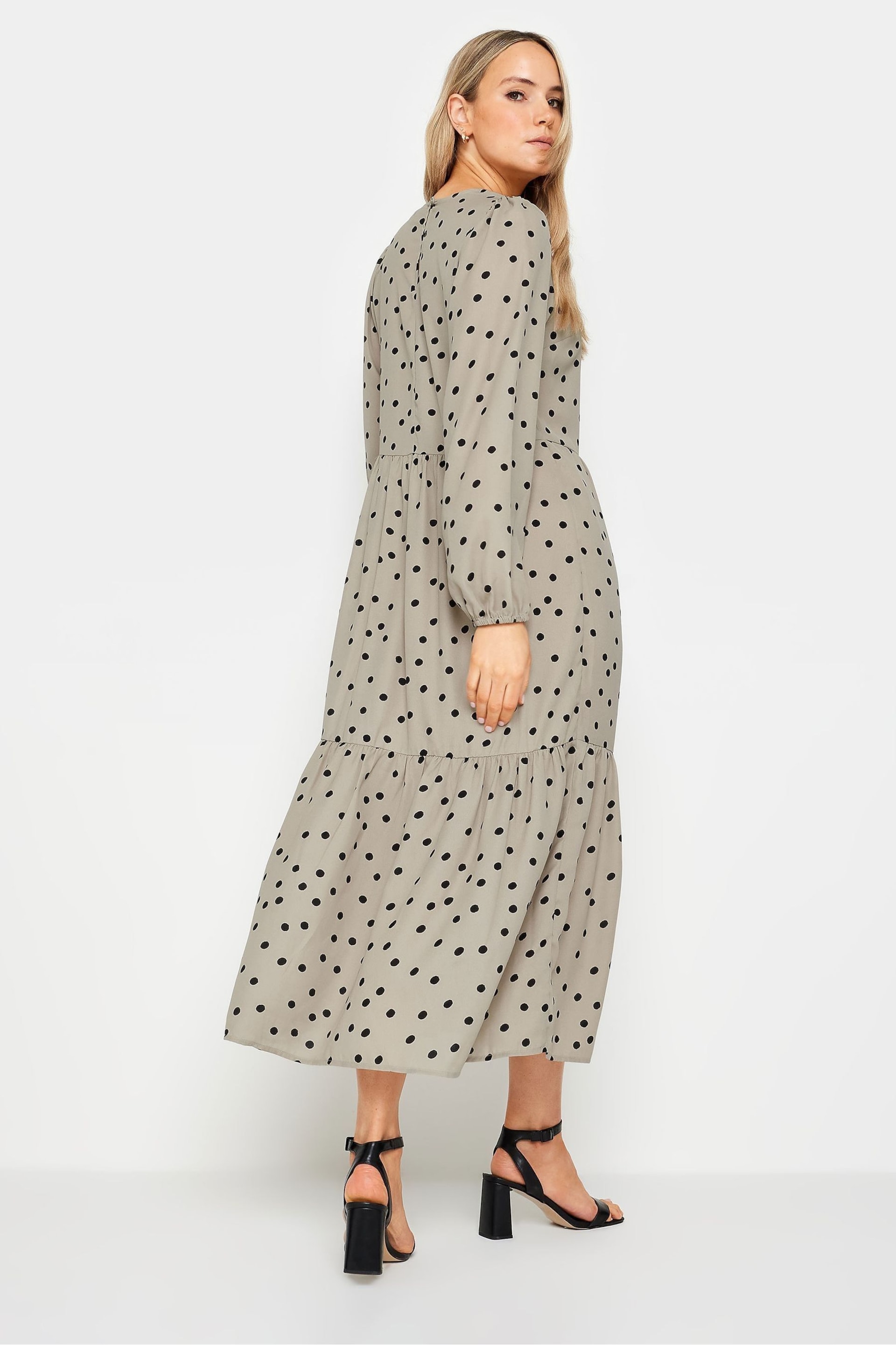 Long Tall Sally Beige Brown Spot Print Tiered Midi Dress - Image 3 of 4