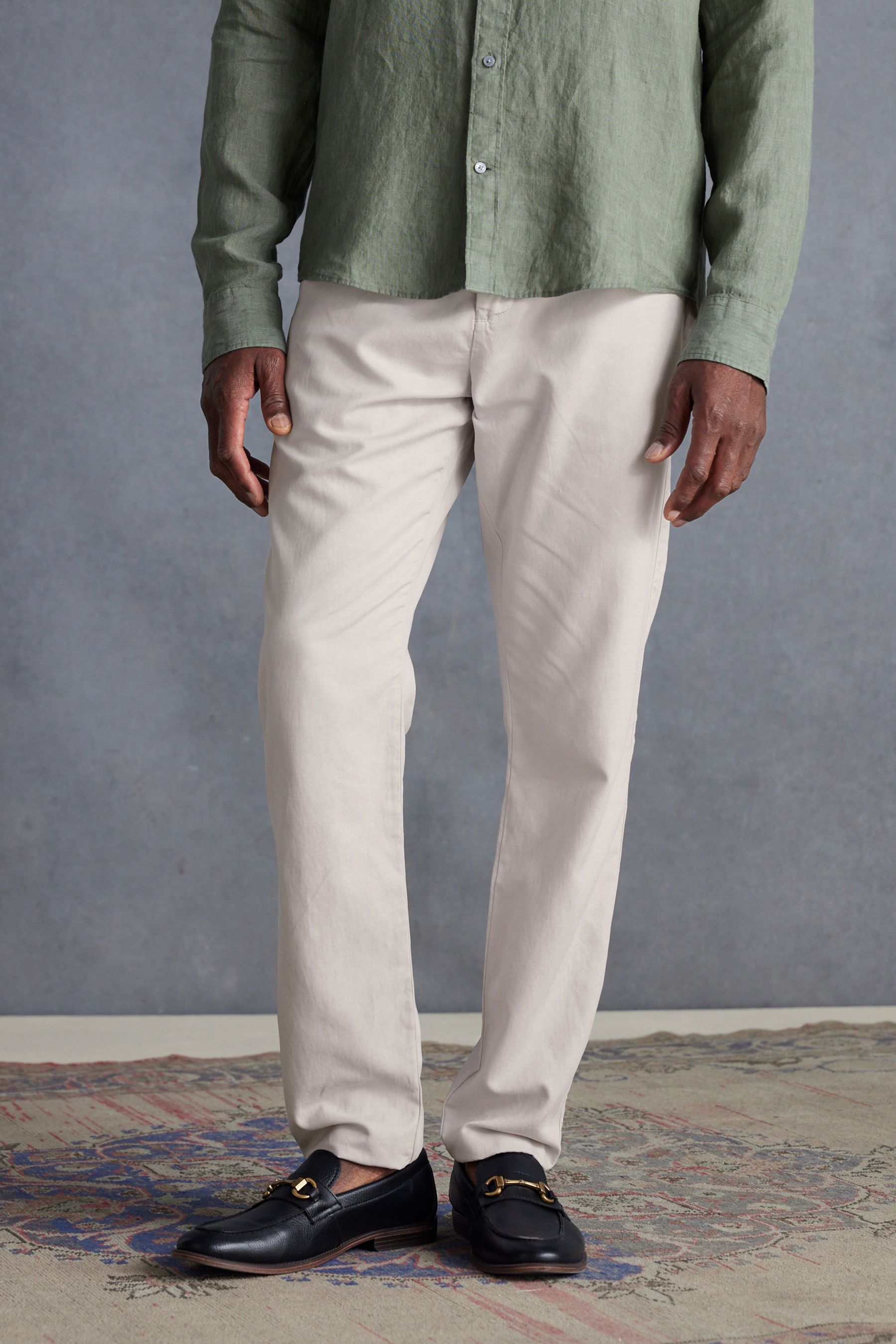 NEXT Light Grey Slim Fit Premium Linen Drawstring Trousers 32 S Mens