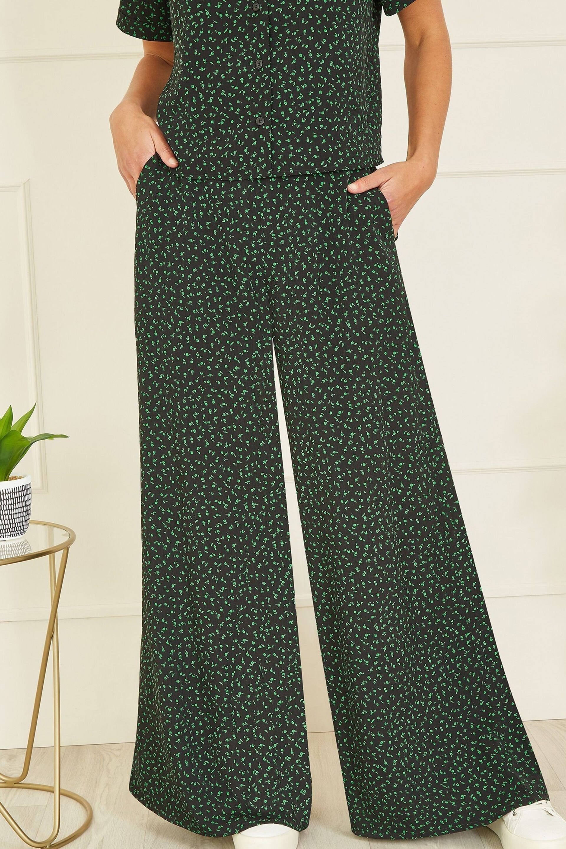 Yumi Green Ditsy Floral Print Relaxed Wide Leg Trousers - Image 1 of 4