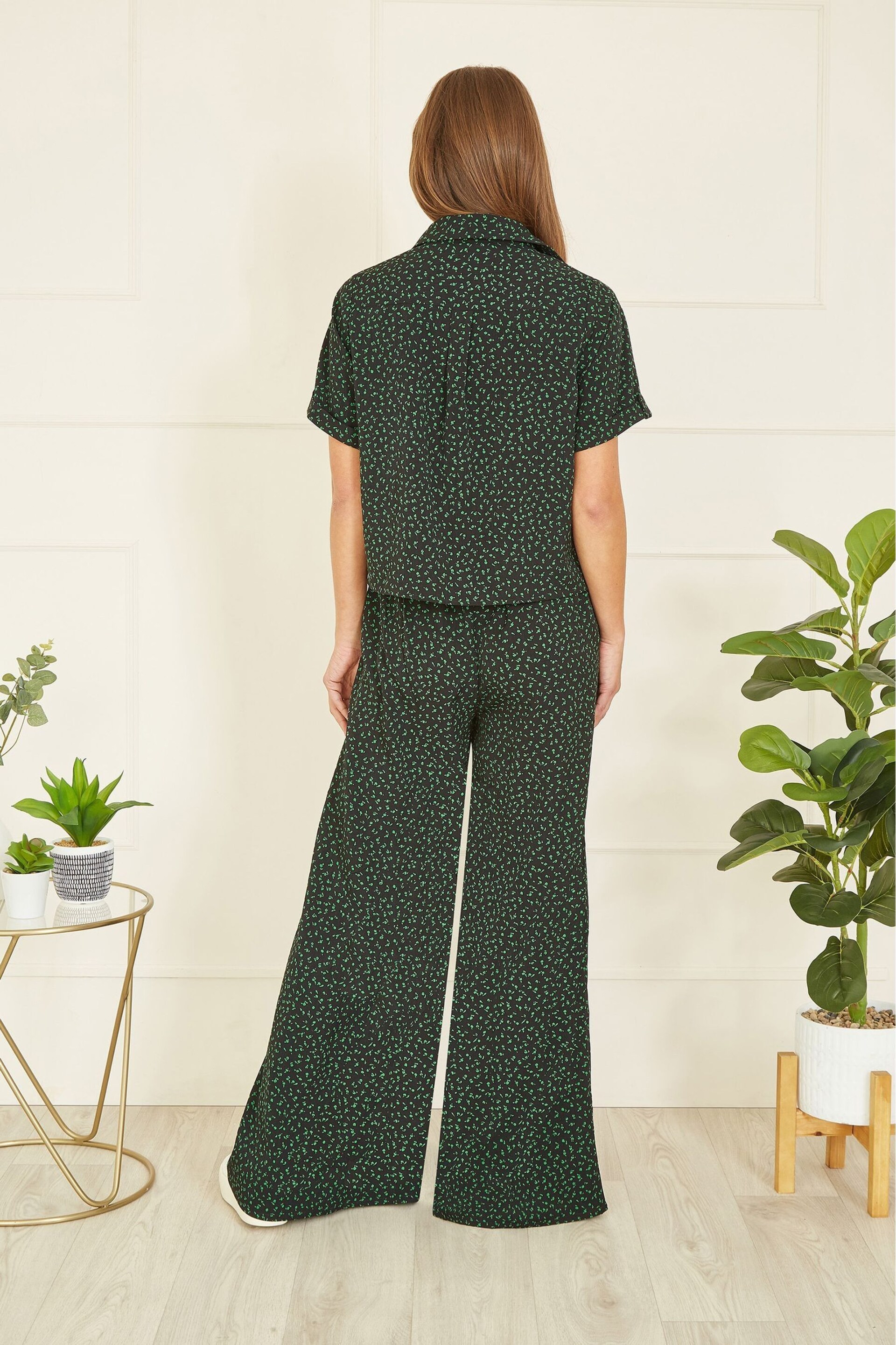 Yumi Green Ditsy Floral Print Relaxed Wide Leg Trousers - Image 3 of 4