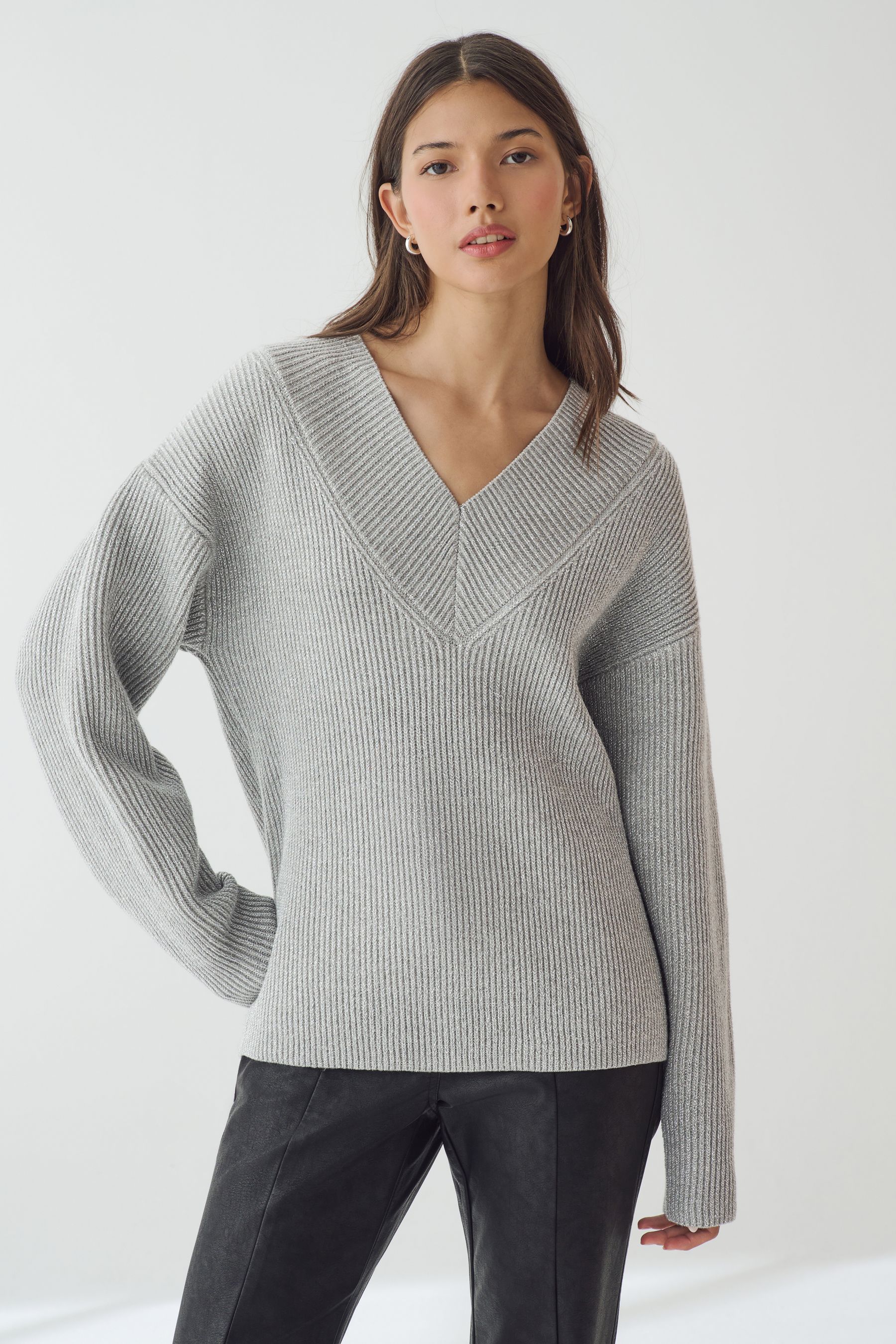 Buy Grey Sparkle Relaxed Fit Ribbed V Neck Knitted Jumper from the Next UK online shop