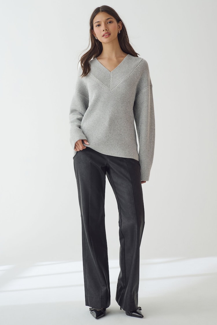 Grey Sparkle Relaxed Fit Ribbed V-Neck Knitted Jumper - Image 2 of 7