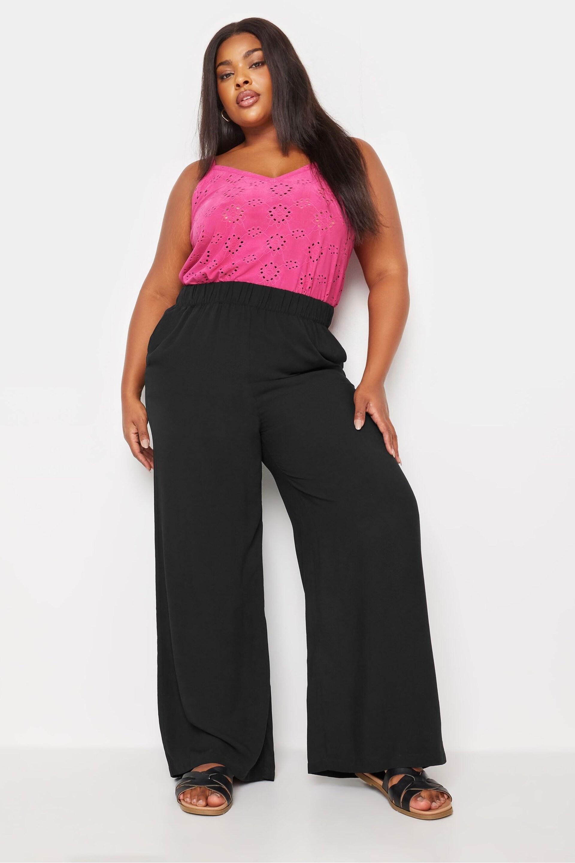 Yours Curve Black Elasticated Wide Leg Trousers - Image 1 of 5