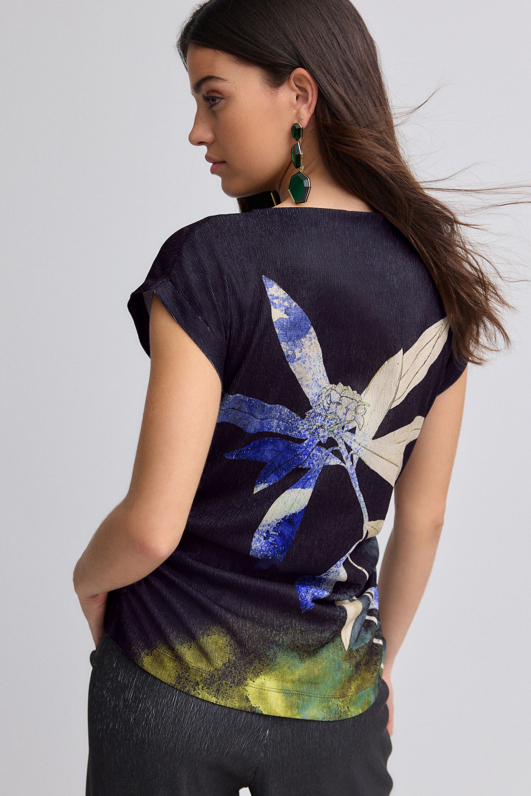 Buy Navy Floral Print Textured Ruched Side Short Sleeve Top from Next