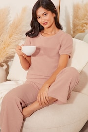 Lipsy Pink Waffle Shorts Sleeve Trousers Lounge Set - Image 1 of 4