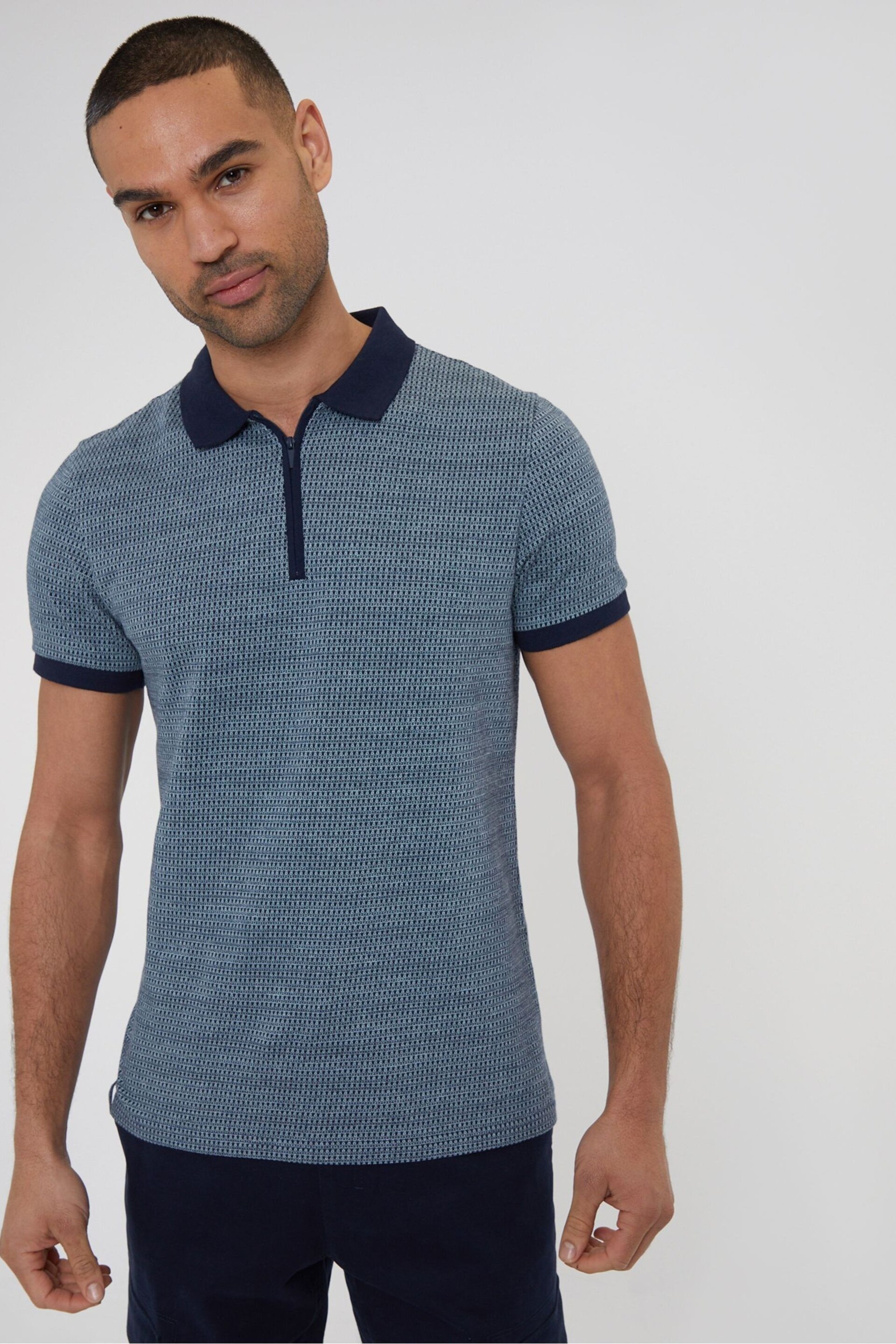 Threadbare Blue Geometric Print Zip Collar Cotton Jersey Polo Shirt - Image 1 of 4
