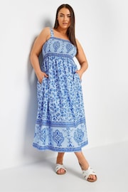 Yours Curve Blue Limited Border Shirred Maxi Dress - Image 1 of 5