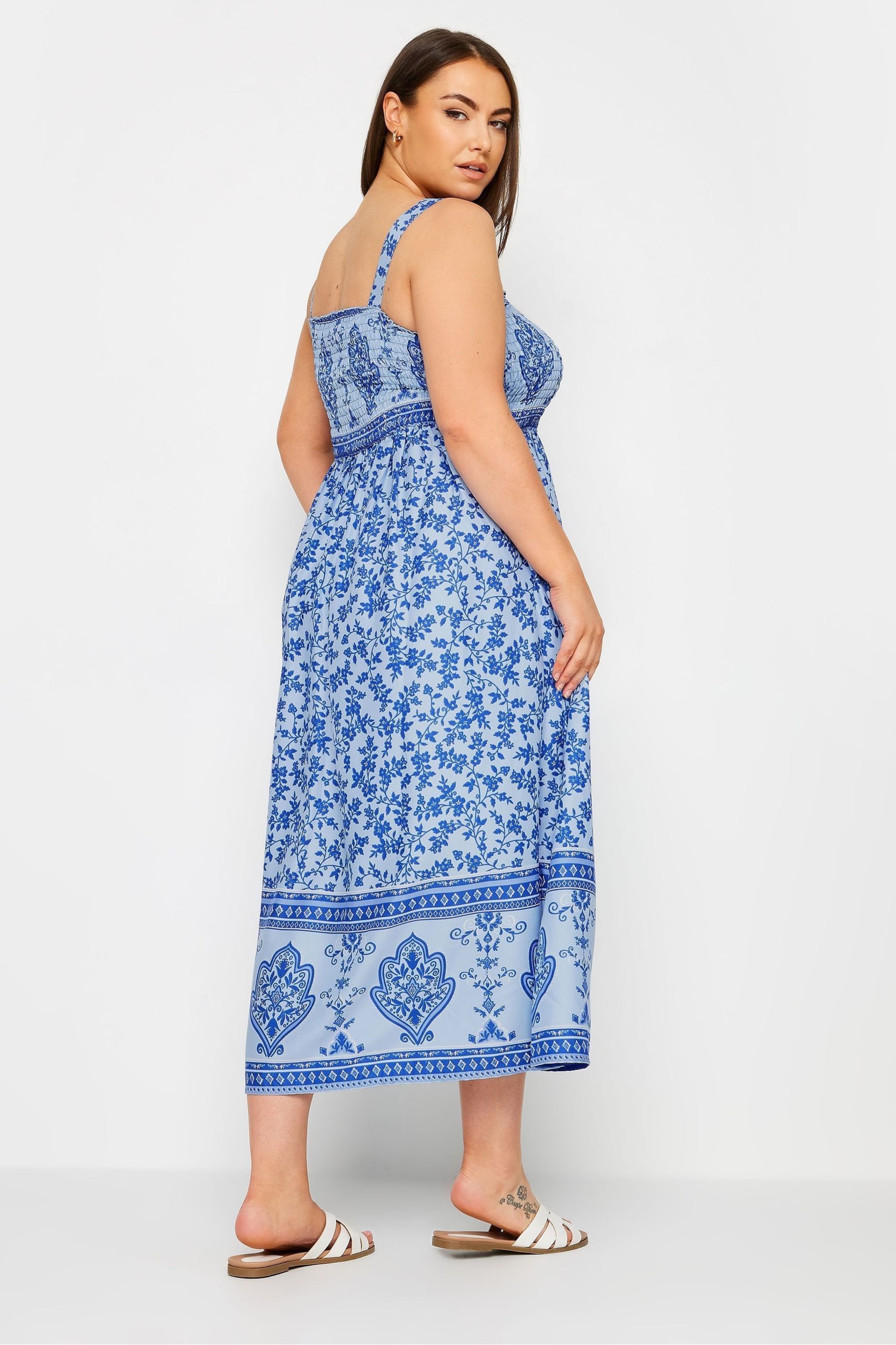 Yours Curve Blue Limited Border Shirred Maxi Dress - Image 3 of 5