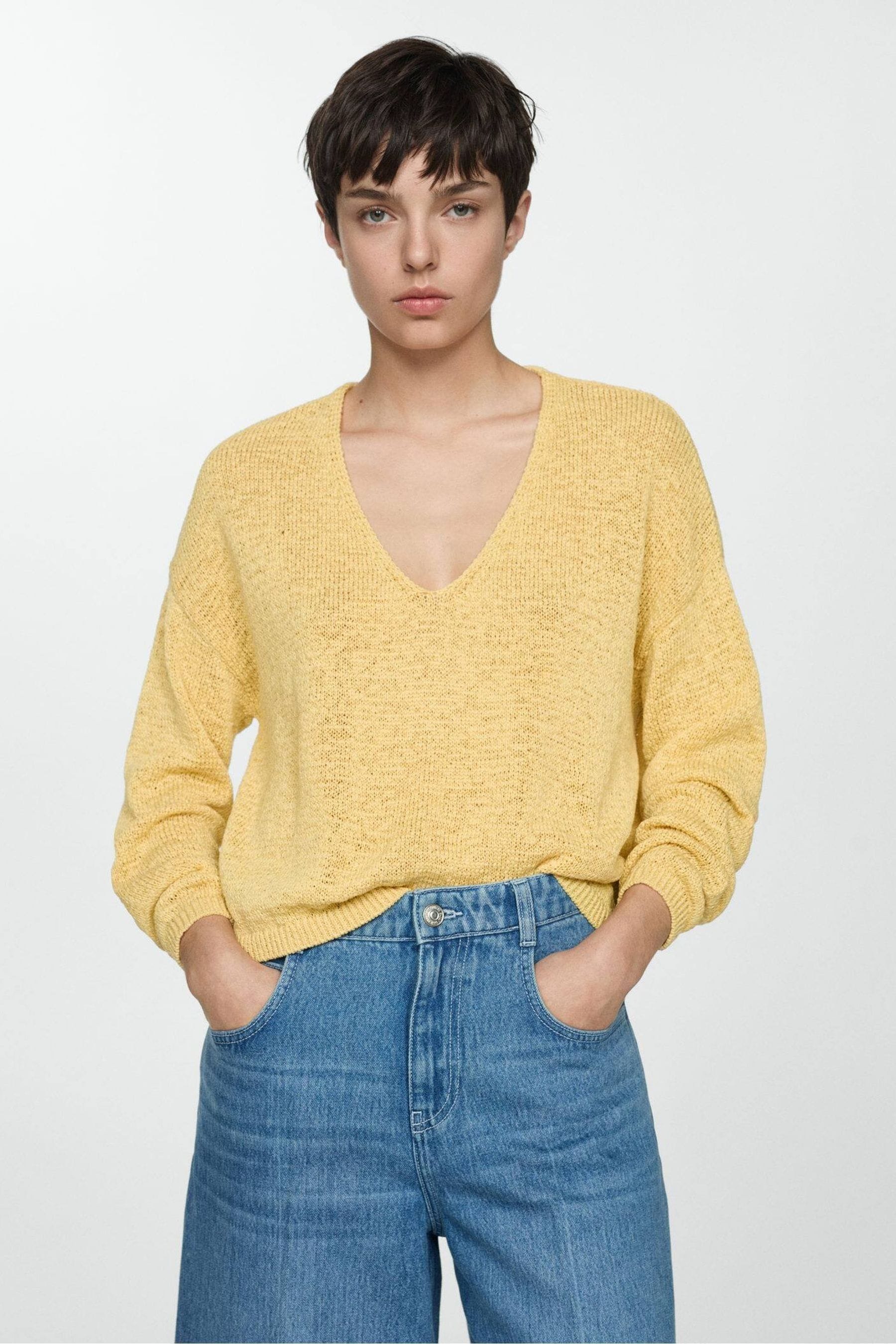 Mango Yellow Fine Knit 100 Cotton V Neck Sweater