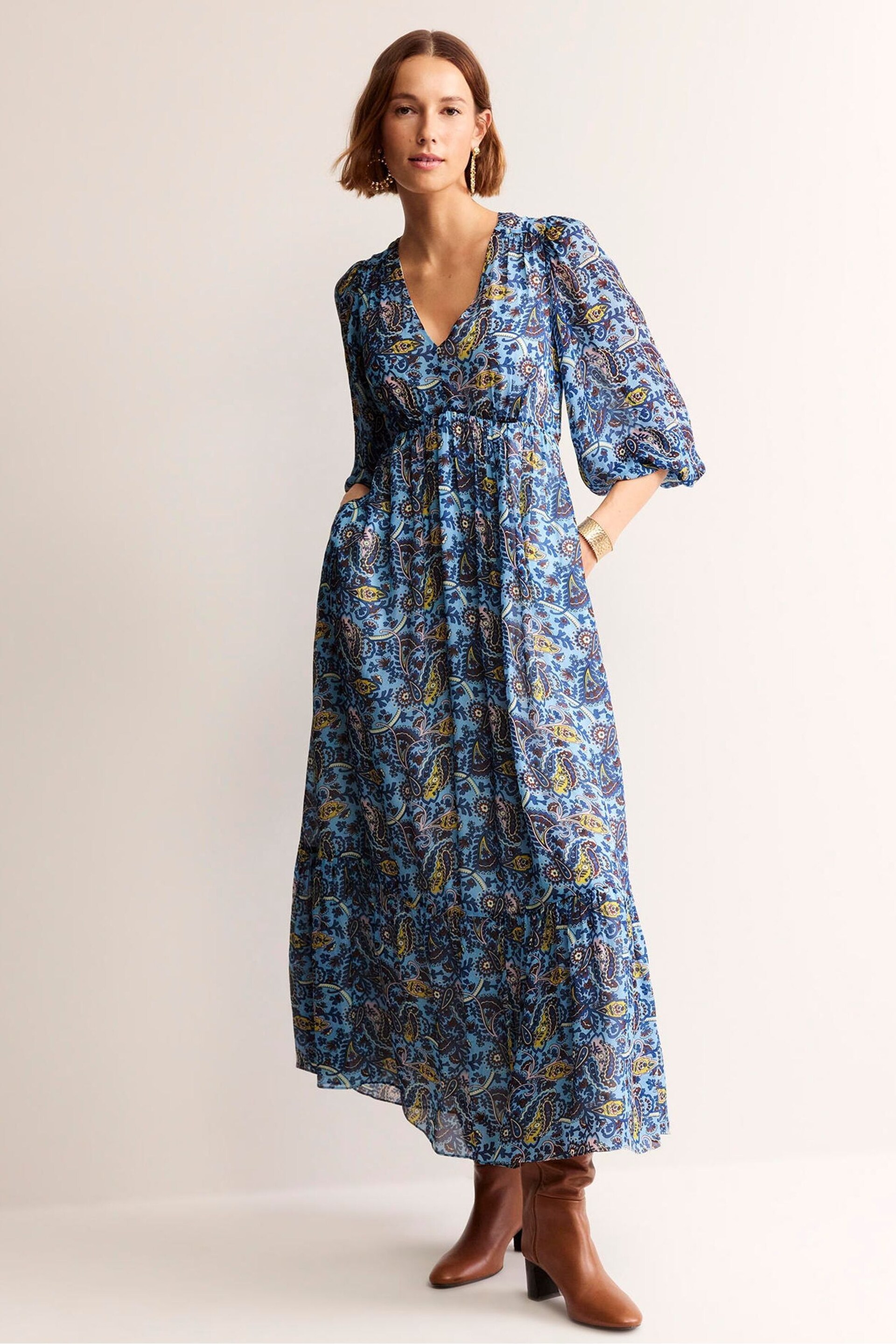 Boden Blue Petite V-Neck Puff Maxi Dress - Image 4 of 5