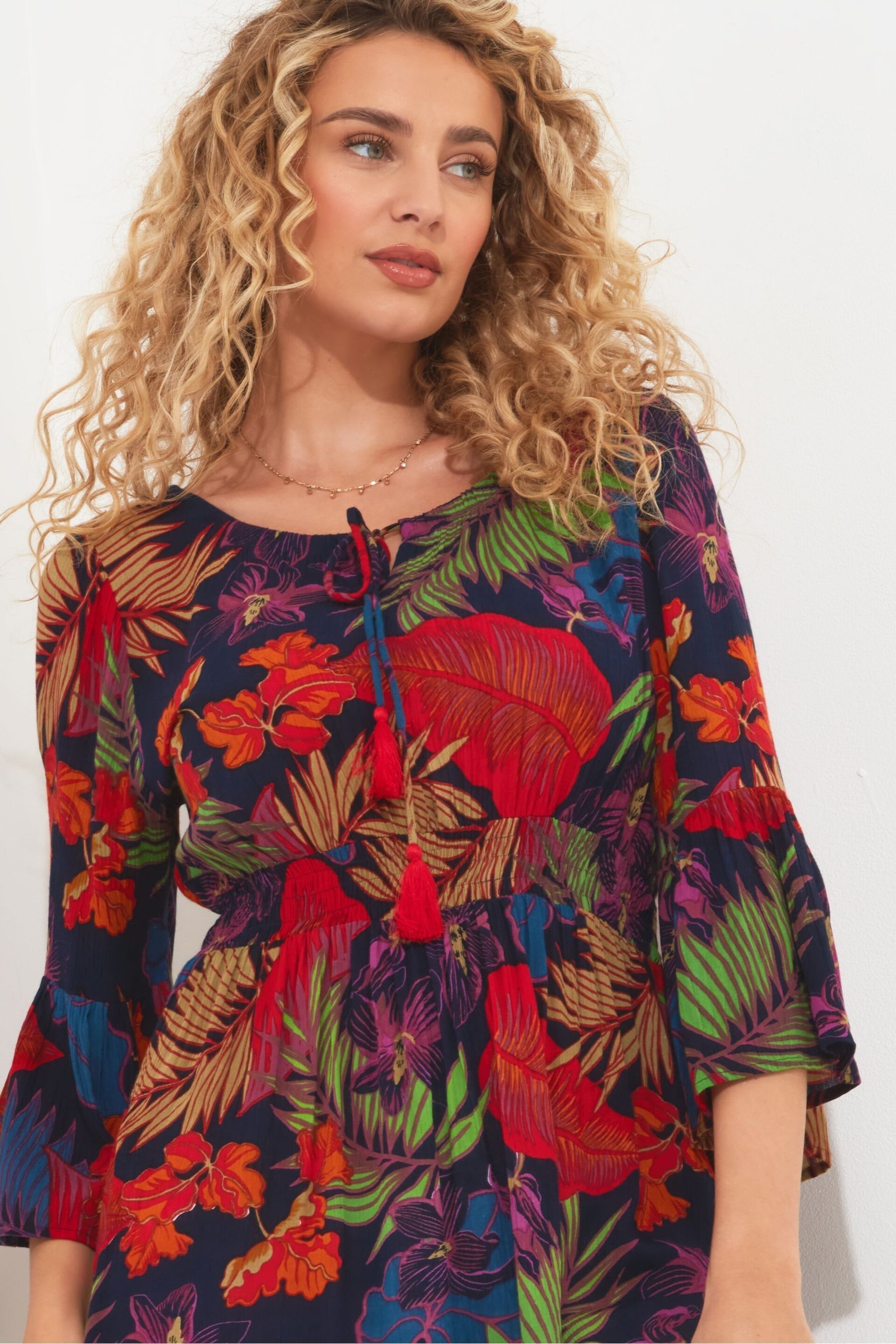 Joe Browns Blue Tropical Print Tie Neck Crinkle Holiday Tunic - Image 4 of 5