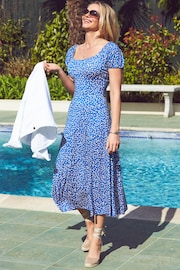 Sosandar Blue Ditsy Floral Print Puff Sleeve Jersey Midi Dress - Image 5 of 5