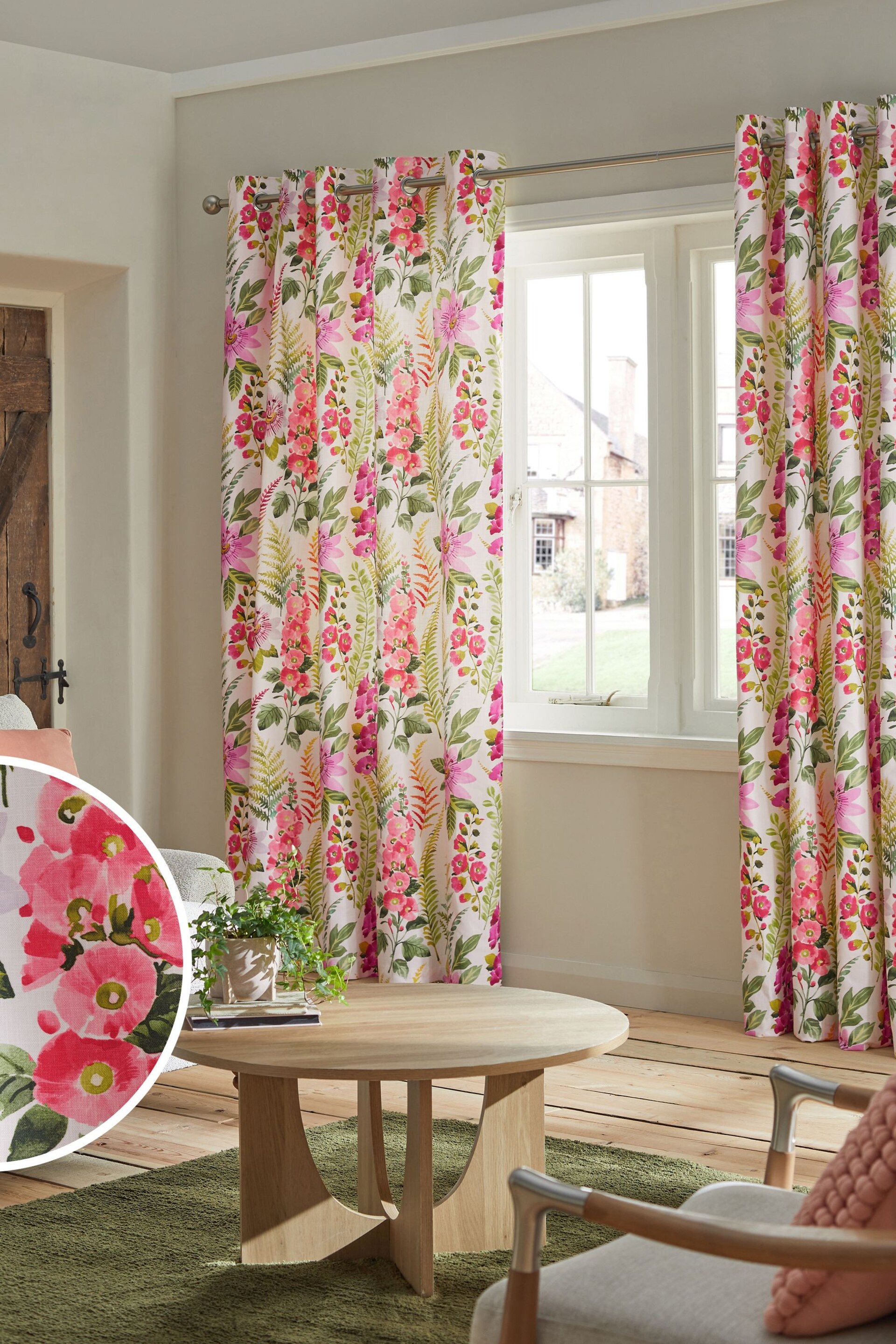 Pink/Green Floral 100% Cotton Eyelet Lined Curtains - Image 1 of 5