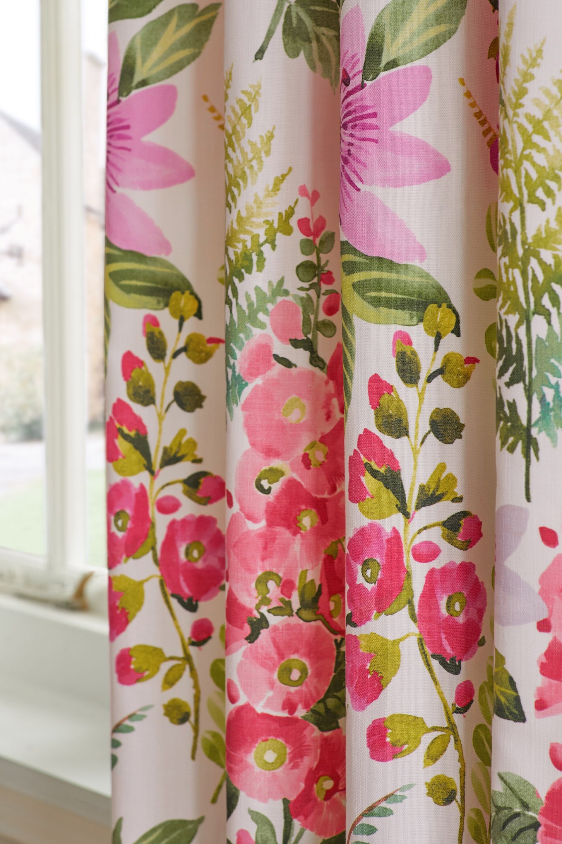 Pink/Green Floral 100% Cotton Eyelet Lined Curtains - Image 3 of 5