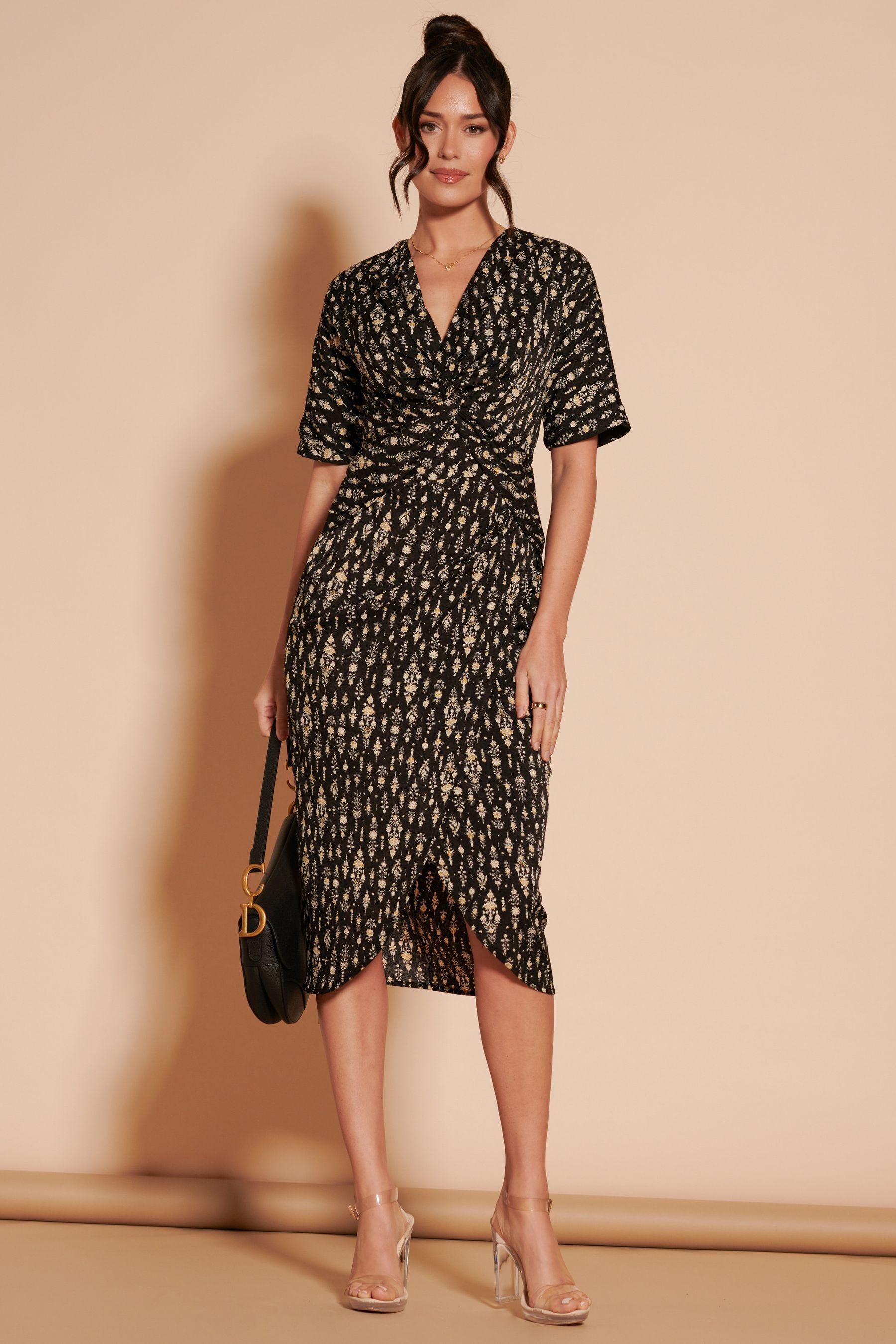 Black print midi dress shop
