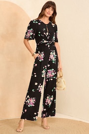 Love & Roses Black Floral Petite Printed Keyhole Wide Leg Jumpsuit - Image 1 of 4